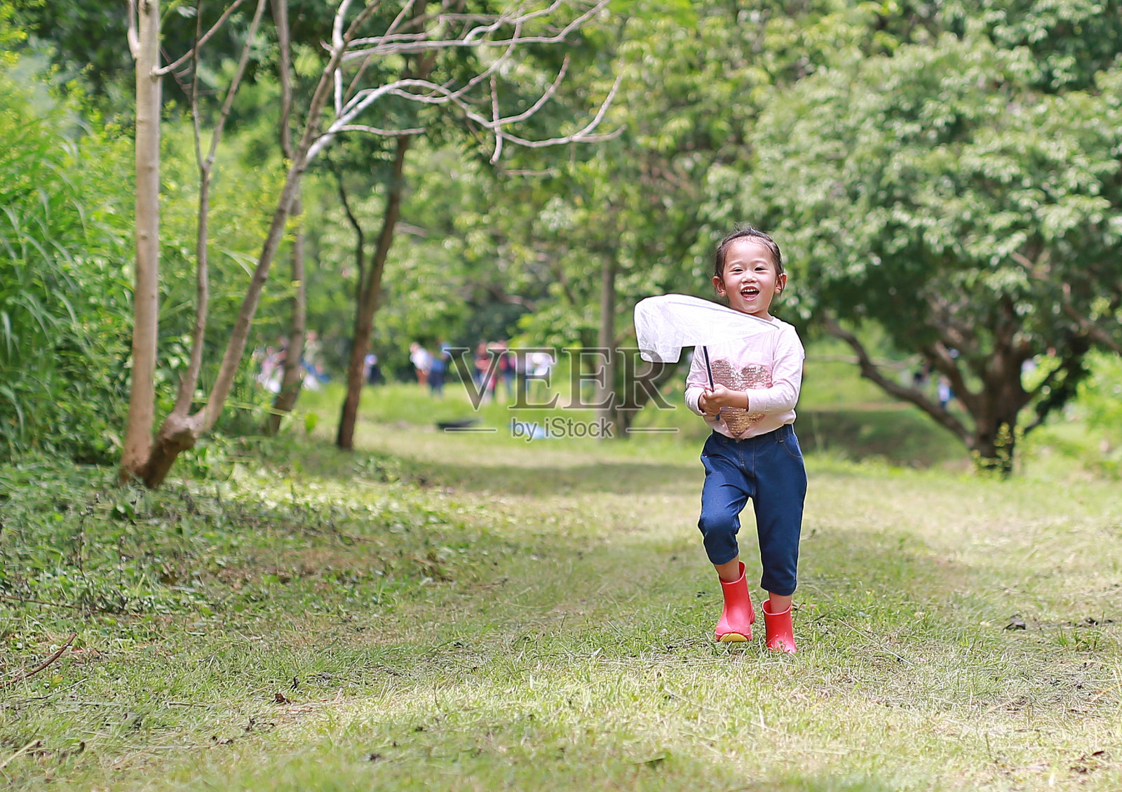 快乐的亚洲小女孩在田野里玩在夏天的昆虫网。照片摄影图片
