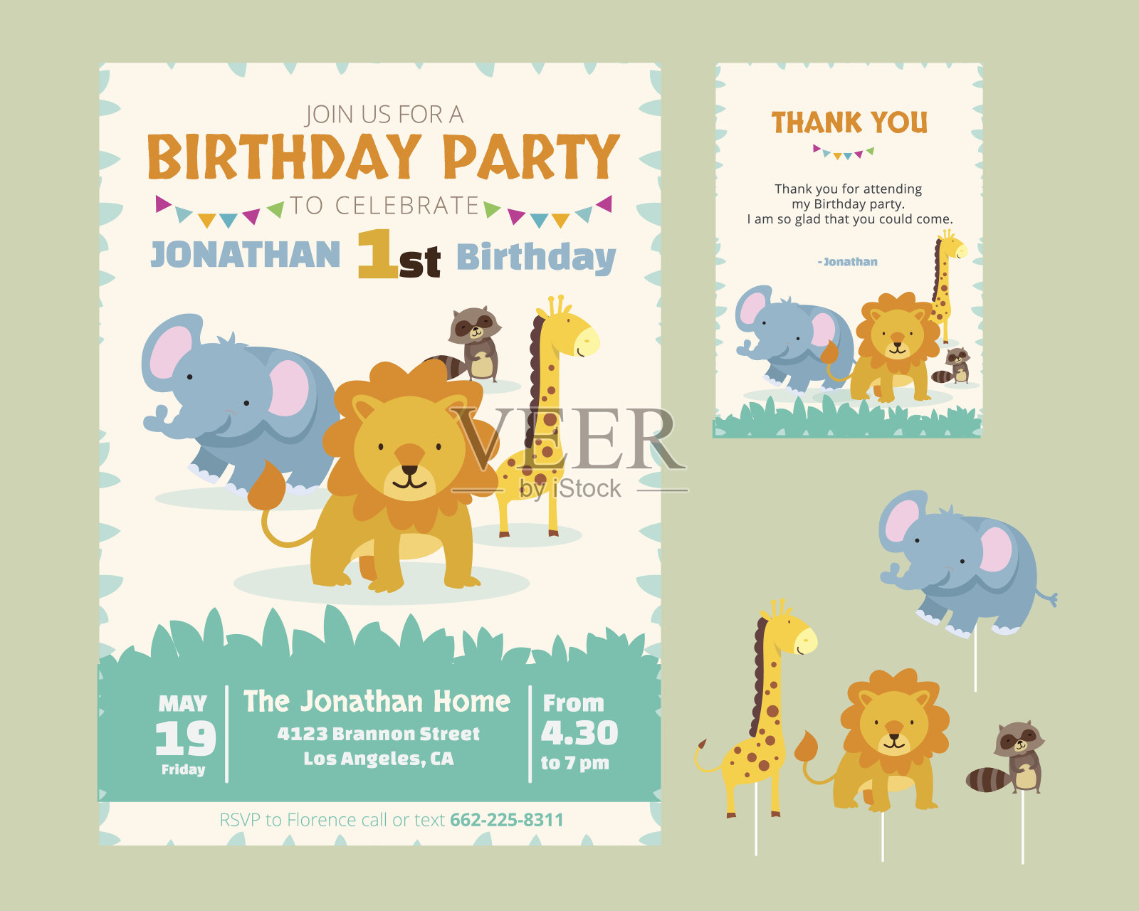 可爱的动物主题生日派对邀请和感谢卡插图模板设计模板素材