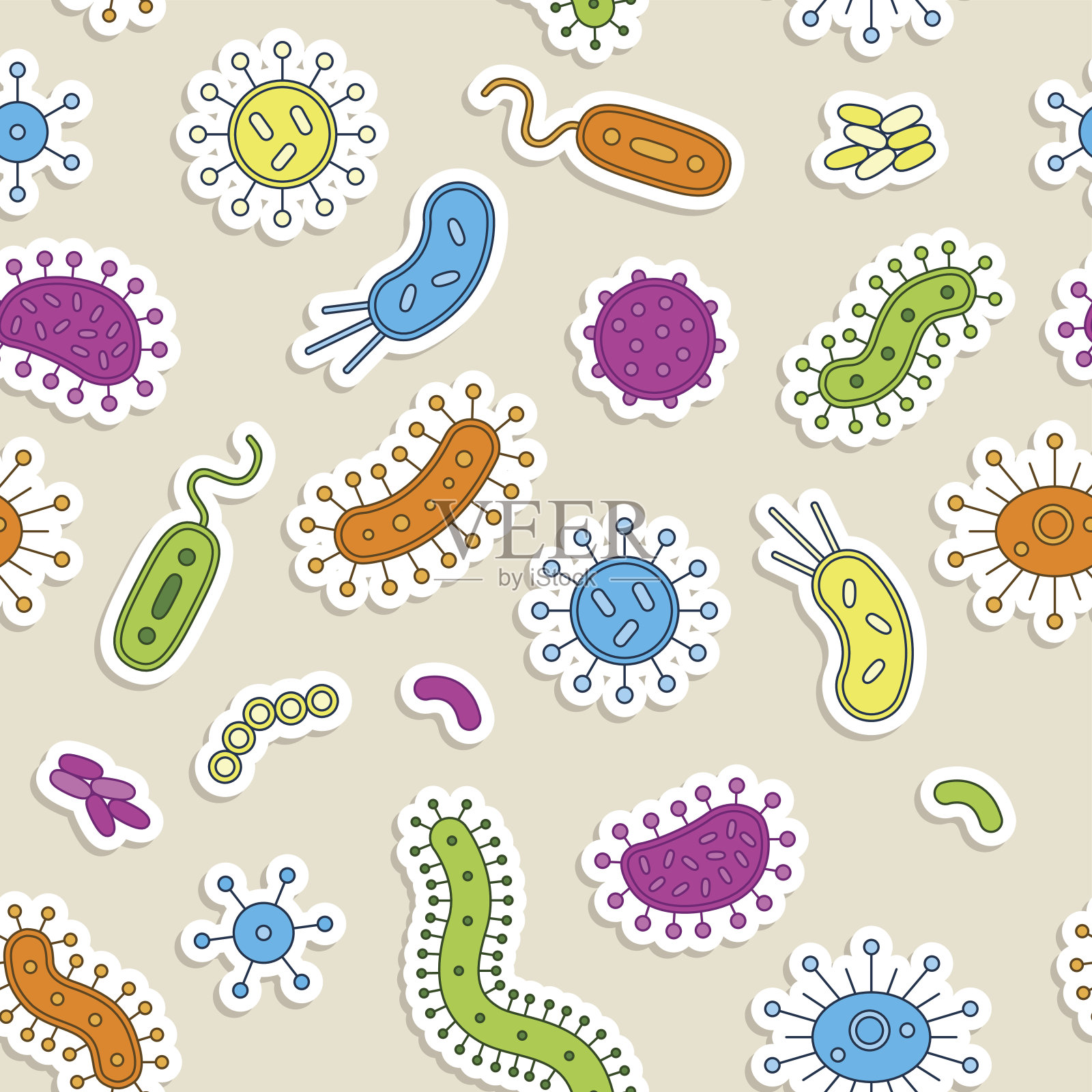 一套细菌载体插图-蓝色，绿色，粉红色和黄色插画图片素材
