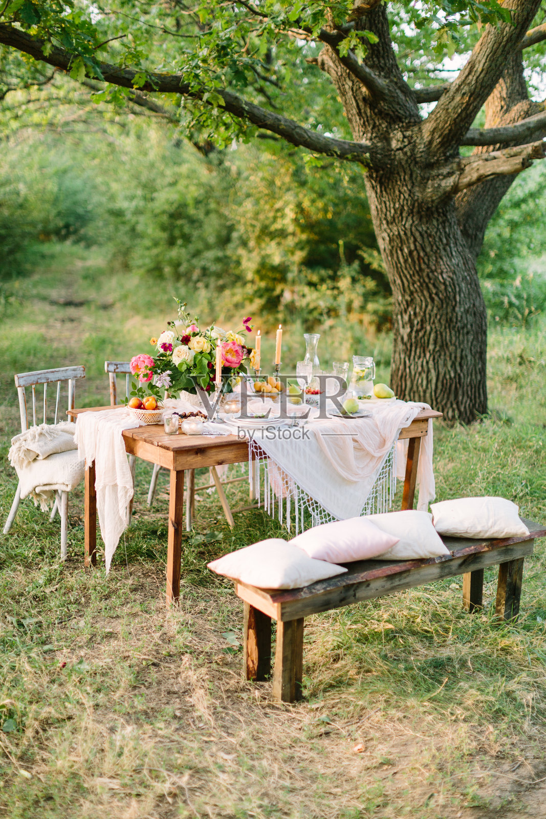 野餐，夏天，假日概念-节日的桌子设置在大的树，开放的桌布，木头长凳，椅子，彩色的花束，壶柠檬水，水果盘子，烛台，选择性的焦点照片摄影图片