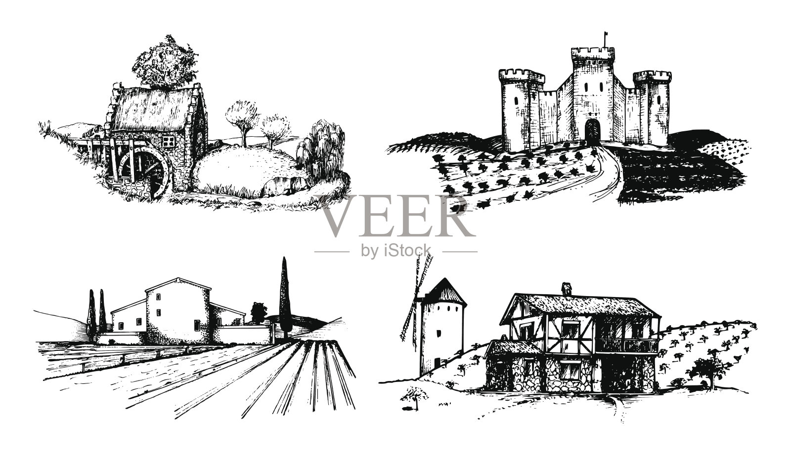 矢量农场景观插图设置。城堡、农家、水车等素描。农村的乡村插画图片素材