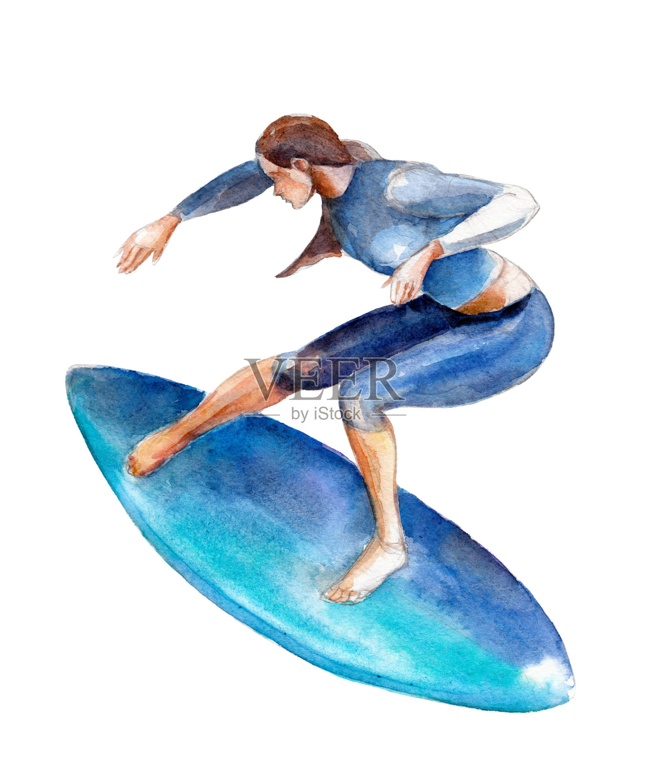 冲浪板上的女孩，水彩插图孤立在白色背景上。插画图片素材
