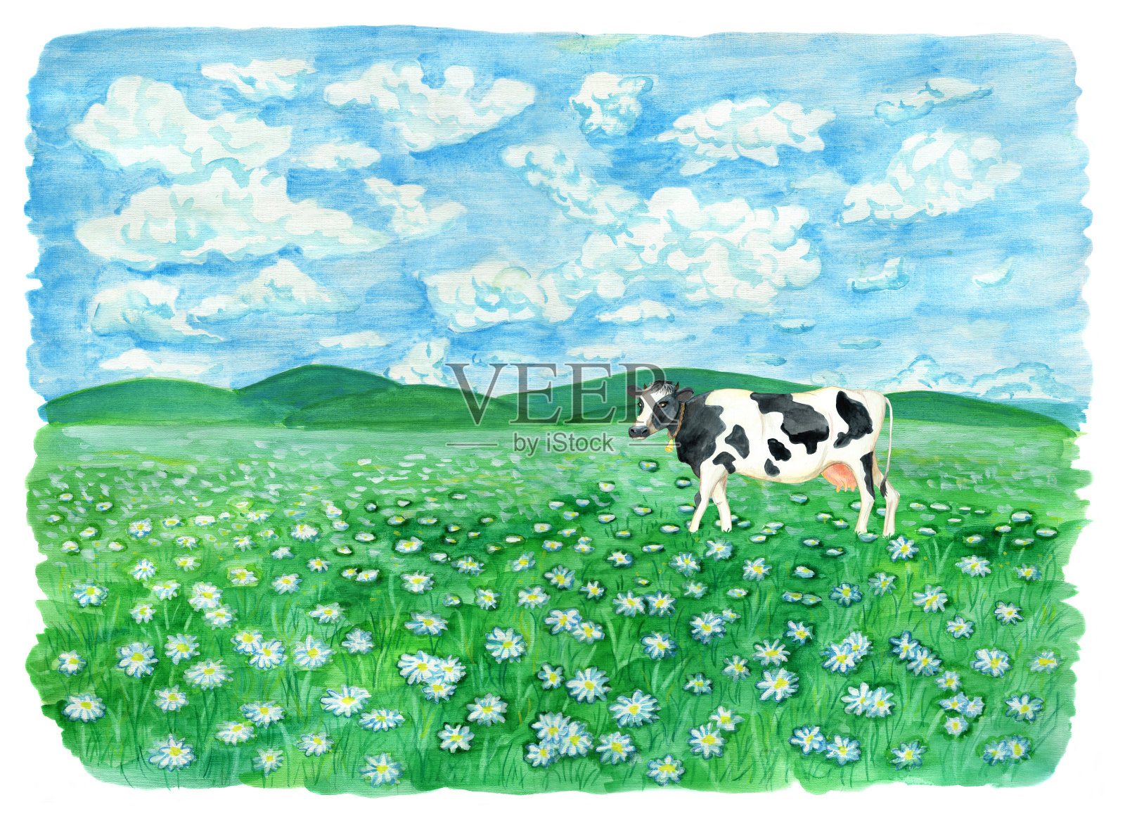 草原上有牛，天空中有云，复制空间插画图片素材
