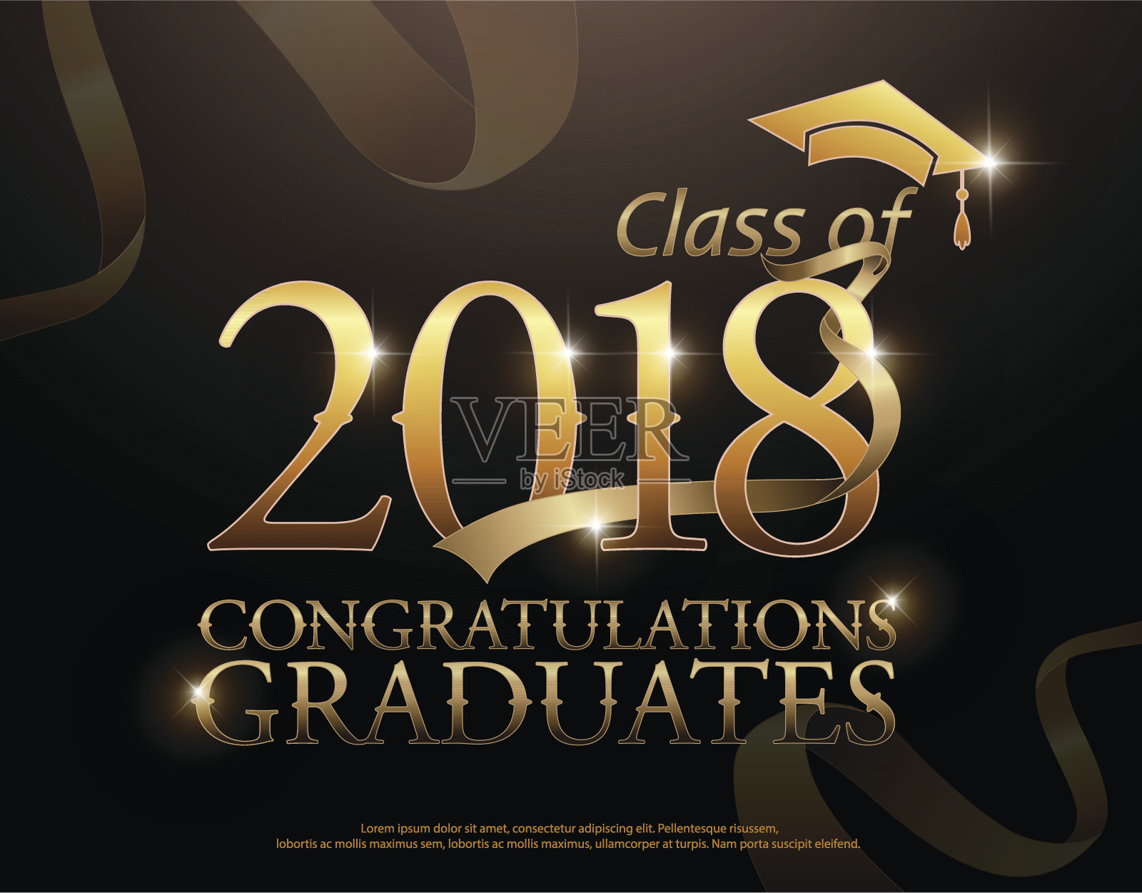 2018届毕业生祝贺毕业生们，黑色背景上的金色文字和红丝带插画图片素材