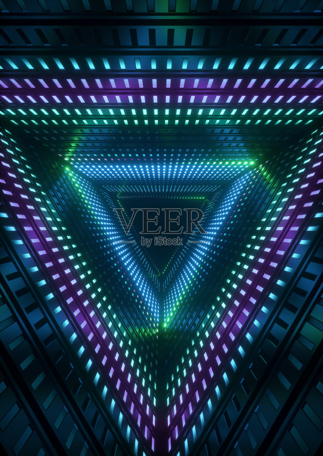3d渲染，蓝色霓虹灯，三角形隧道，抽象几何背景照片摄影图片