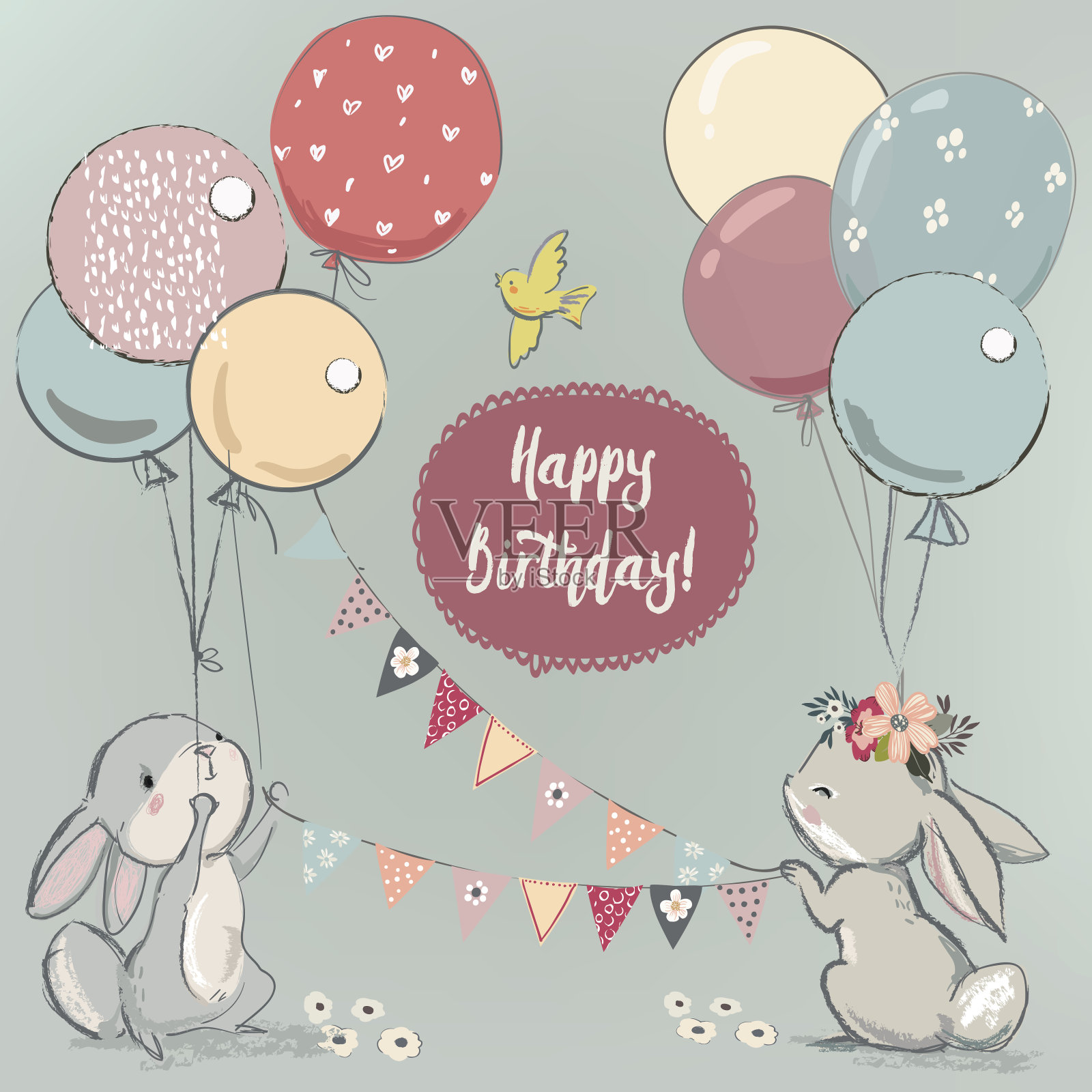 可爱的兔子和气球插画图片素材
