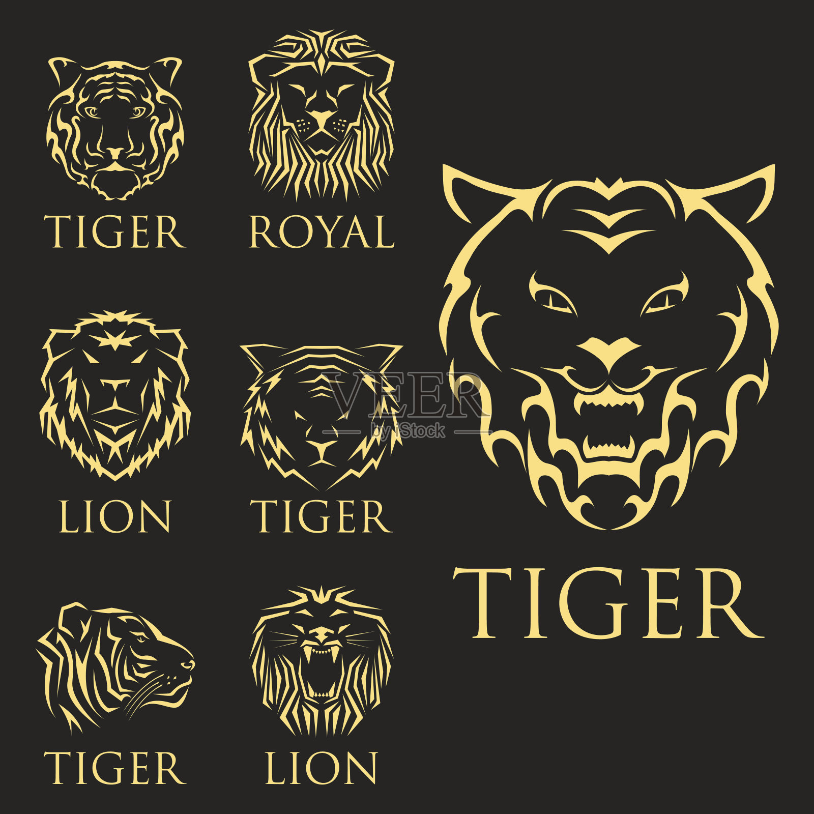 老虎头皇家徽章与美丽的动物矢量手绘狮子脸插图插画图片素材