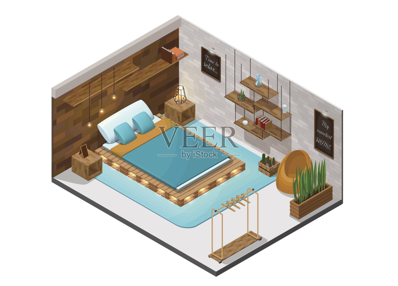 卧室等距信息图3d舒适的室内托盘diy木制家具，架子，盆景灯，仙人掌，床与灯，室内视图插画图片素材