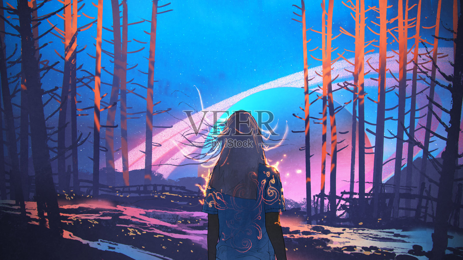 在虚构的背景下，一个女人独自站在森林里插画图片素材