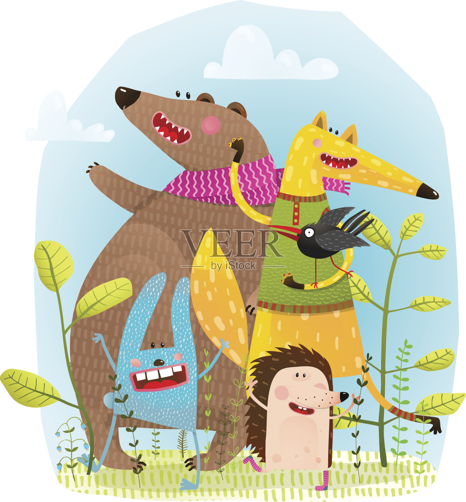 熊，狐狸，刺猬，兔子和乌鸦是有趣的朋友插画图片素材