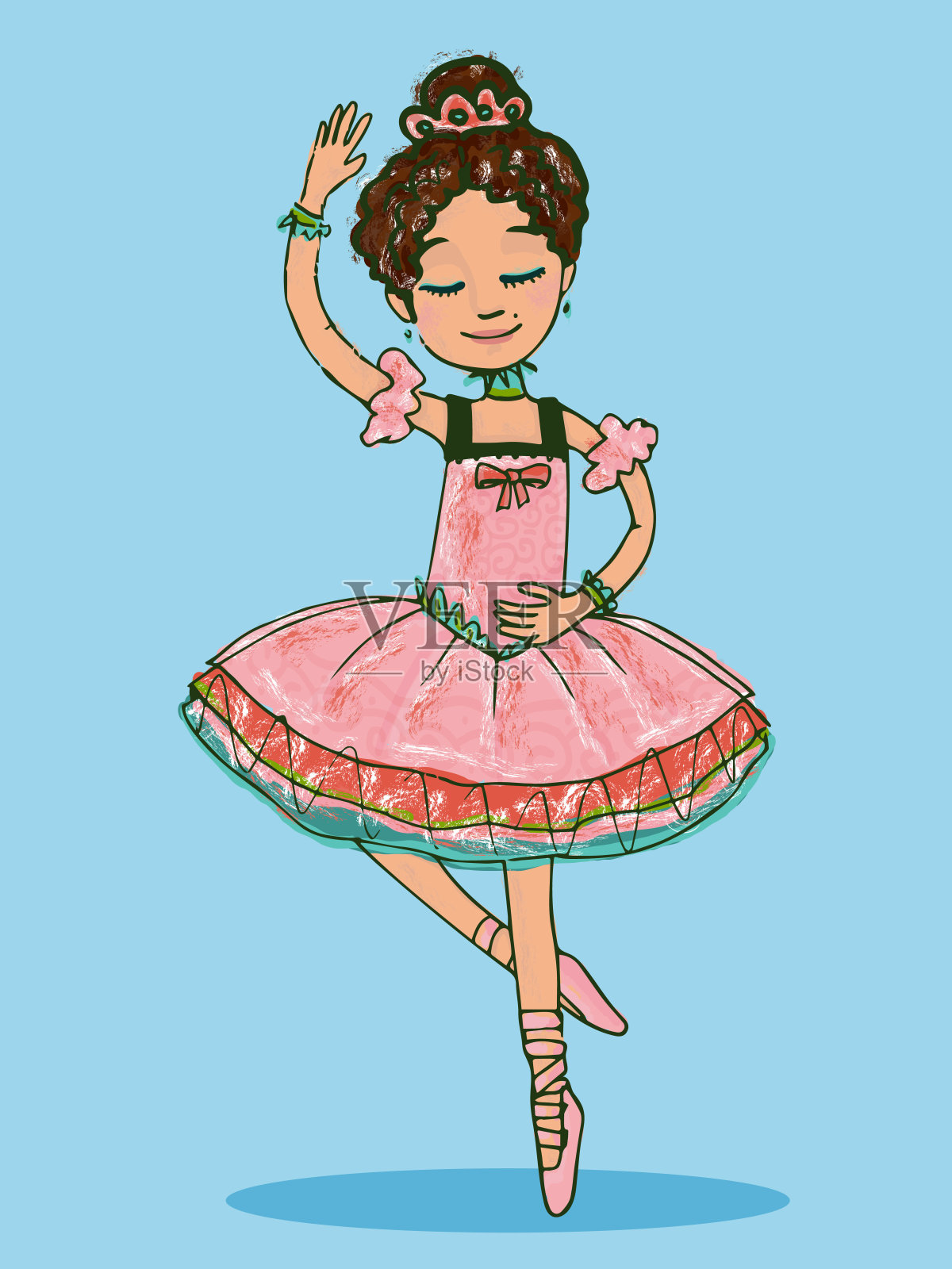 可爱的棕发女芭蕾舞女穿着闪亮的粉红色裙子跳舞。设计元素图片