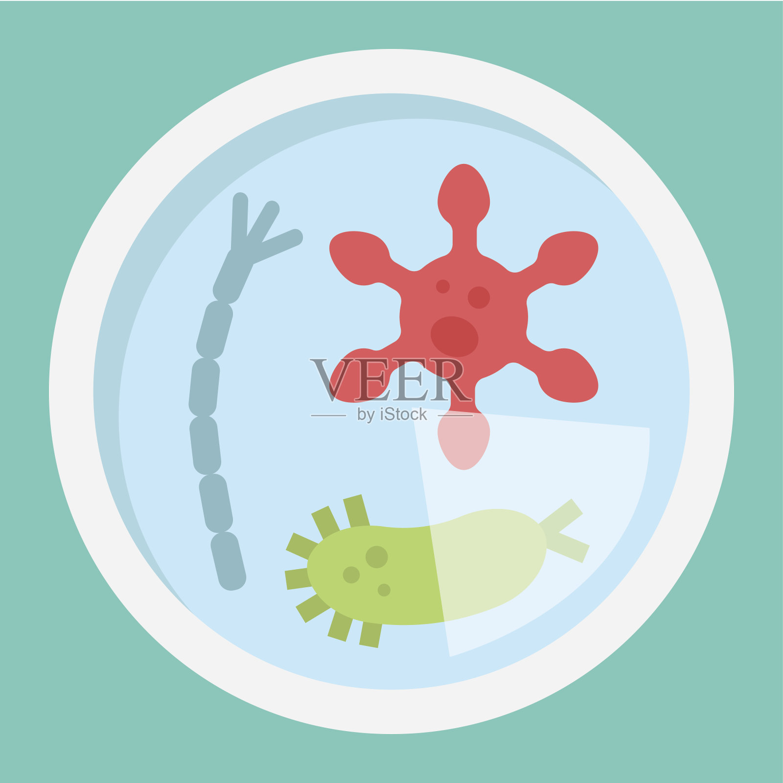 培养皿细菌平面图标，医学和保健，微生物符号矢量图形，彩色固体图案上的青色背景，eps 10。插画图片素材