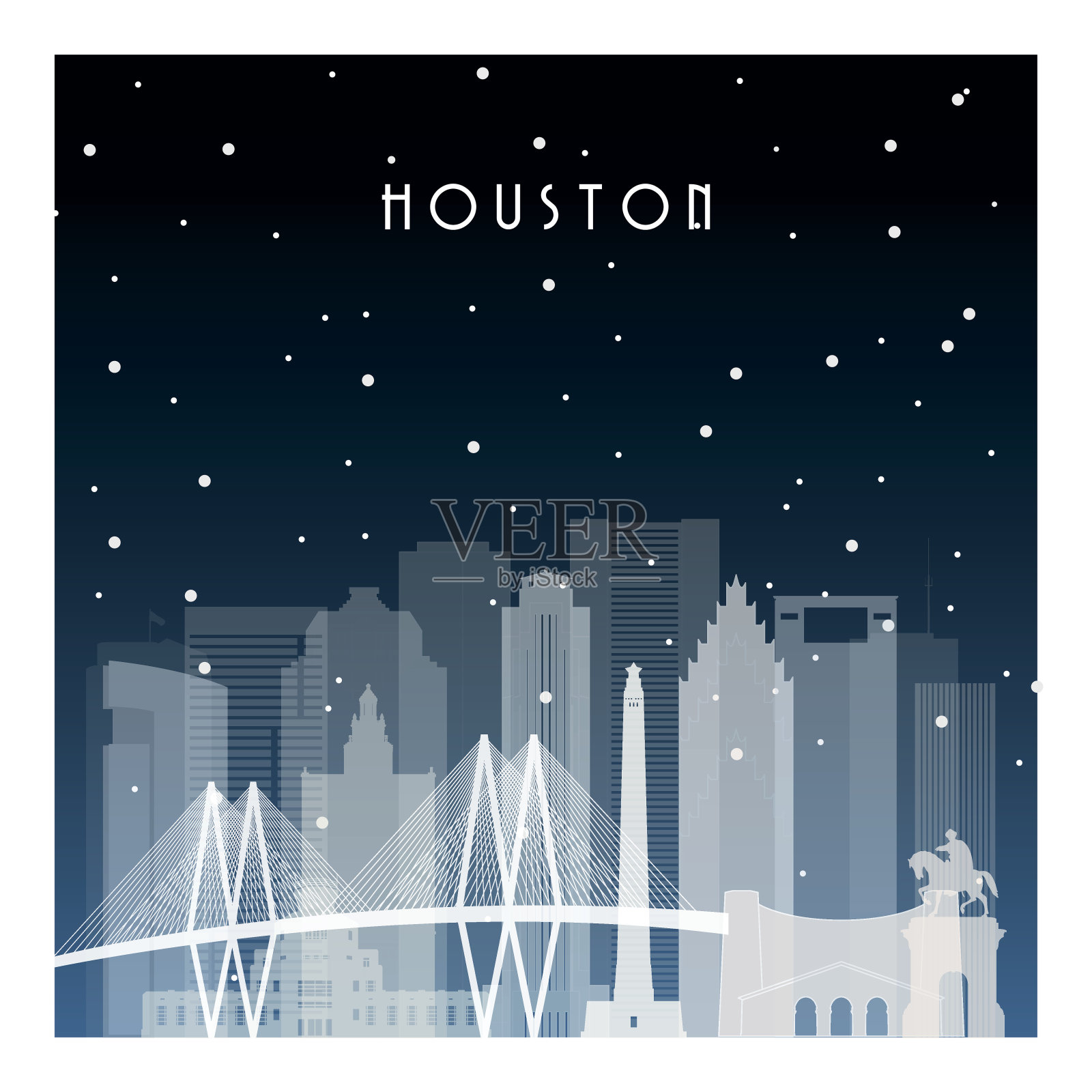 休斯顿的冬夜。夜晚城市在平面风格的横幅，海报，插图，游戏，背景。插画图片素材