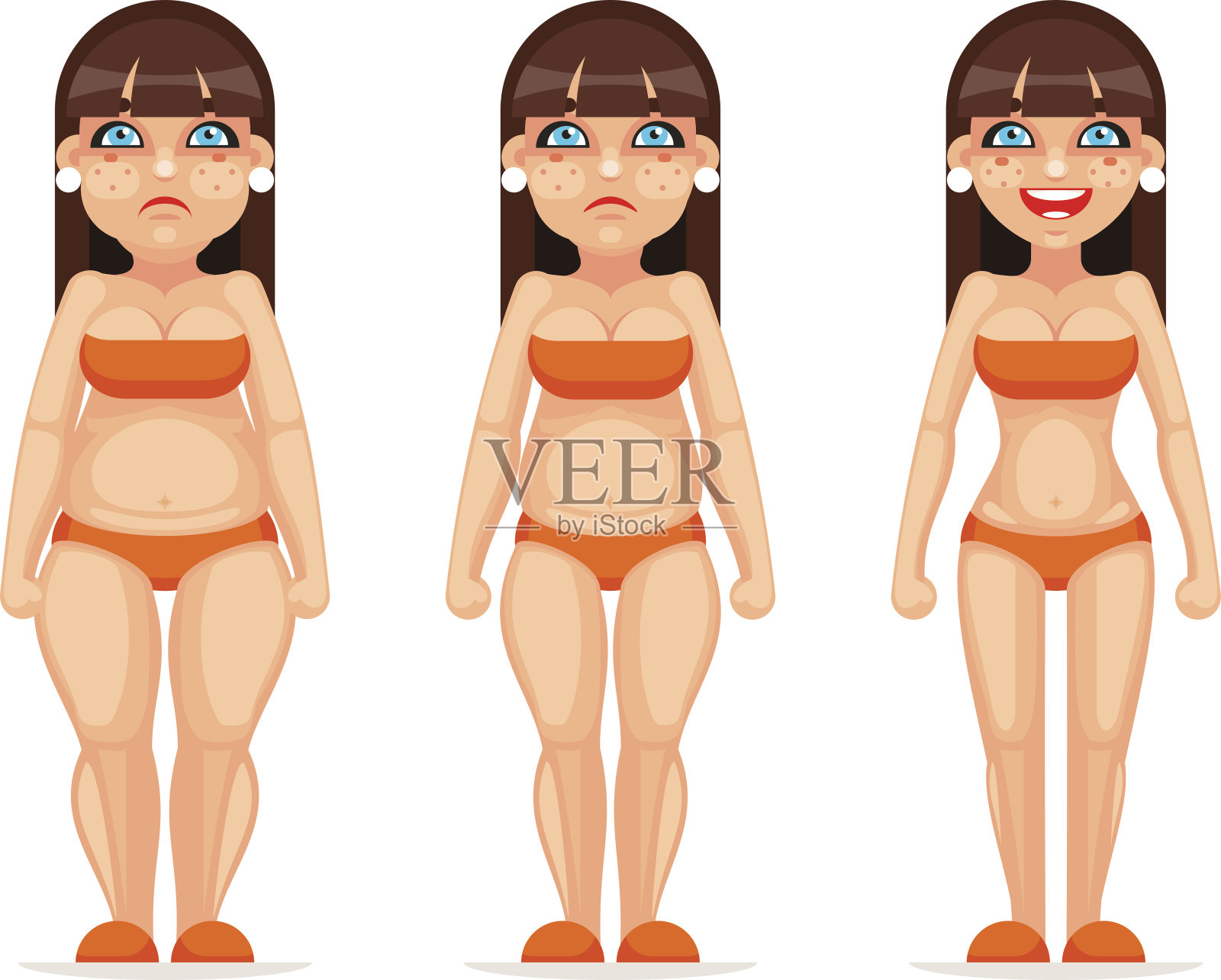 胖瘦女性人物不同阶段的健康饮食卡通设计矢量插图插画图片素材