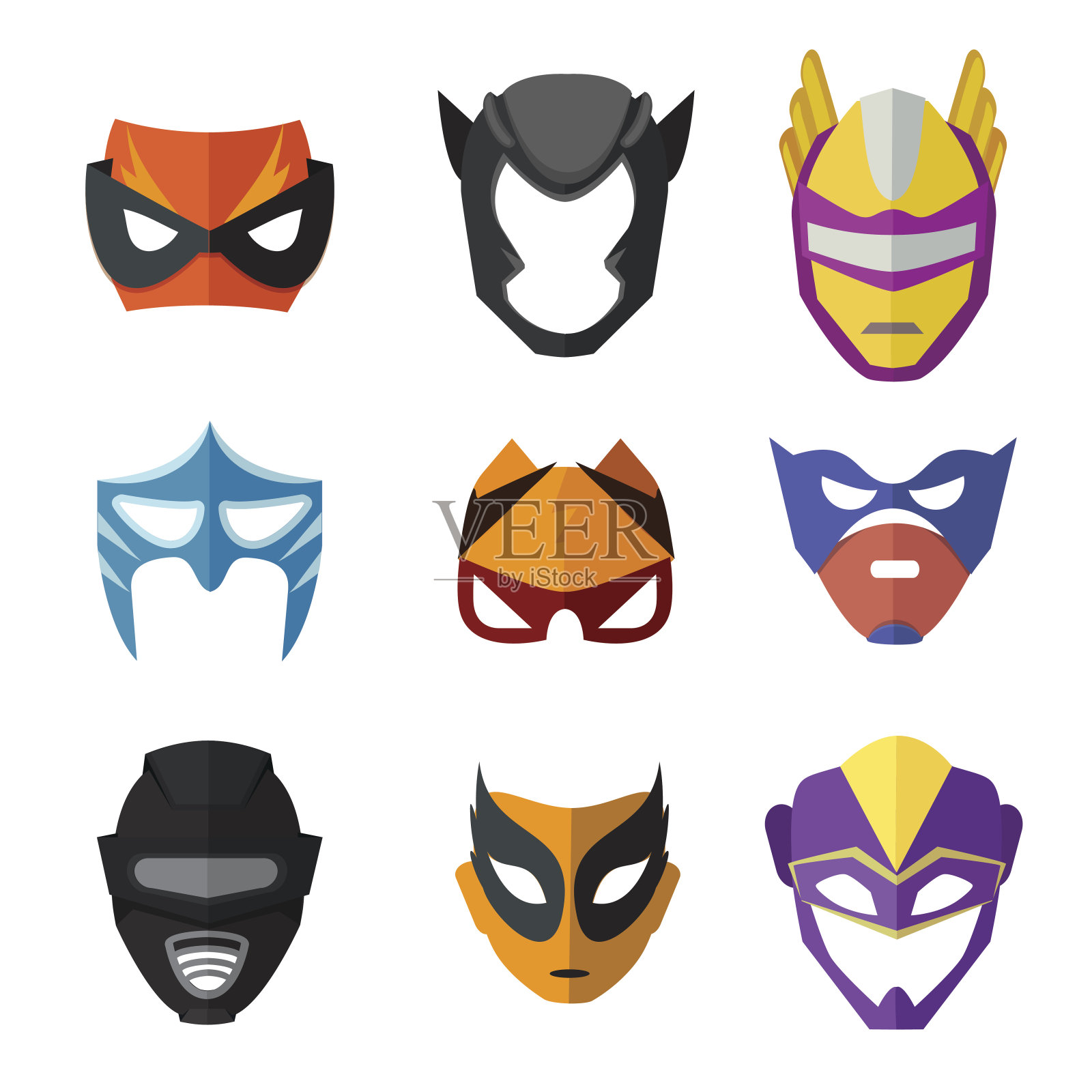 给孩子们戴不同的超级英雄面具。矢量插图在平面风格插画图片素材