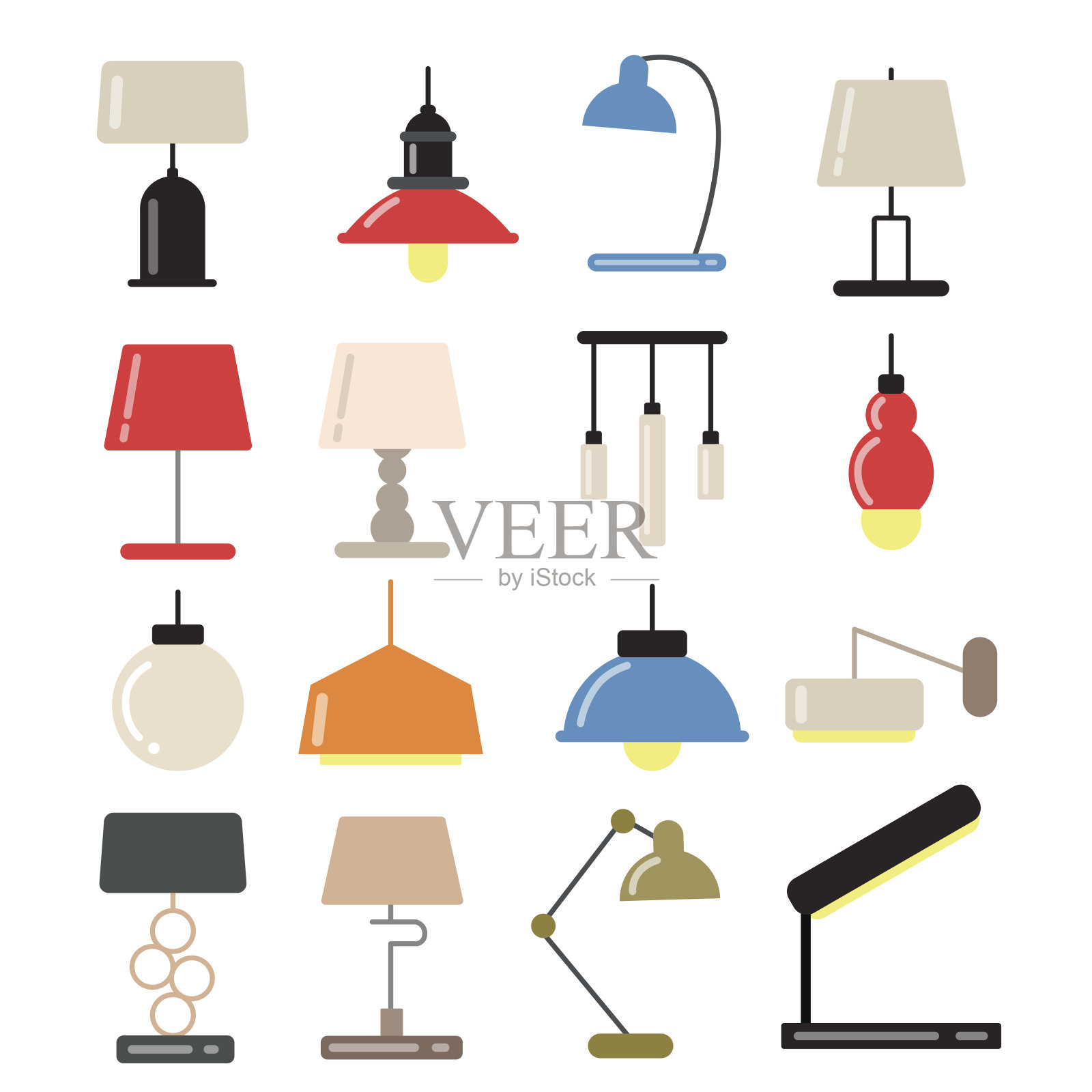 吊灯，现代灯具在书桌和地板上的灯光室内。矢量插图在平面风格插画图片素材