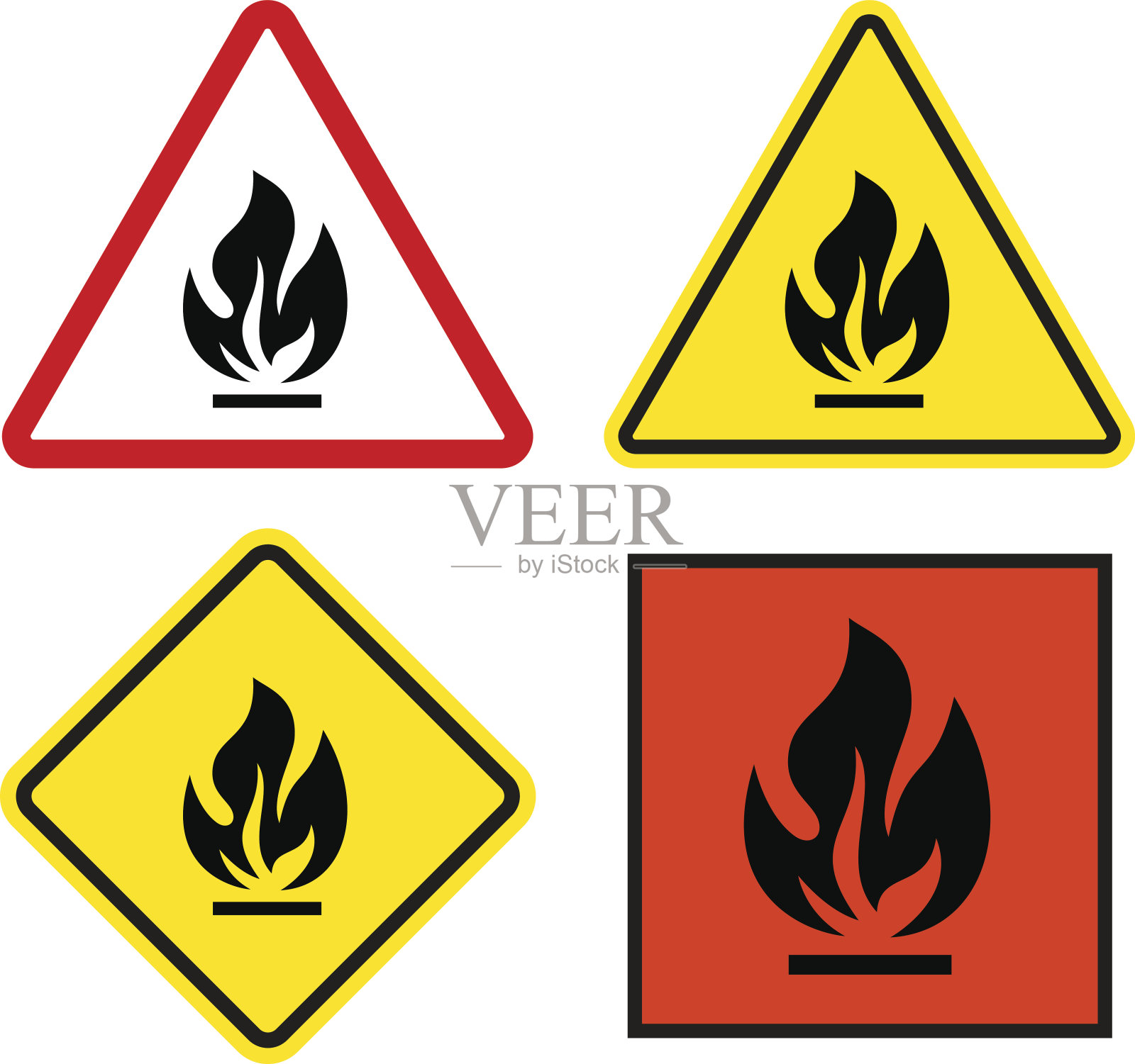 易燃警示标志设置为三角形，方形有黄色和红色。设计元素图片