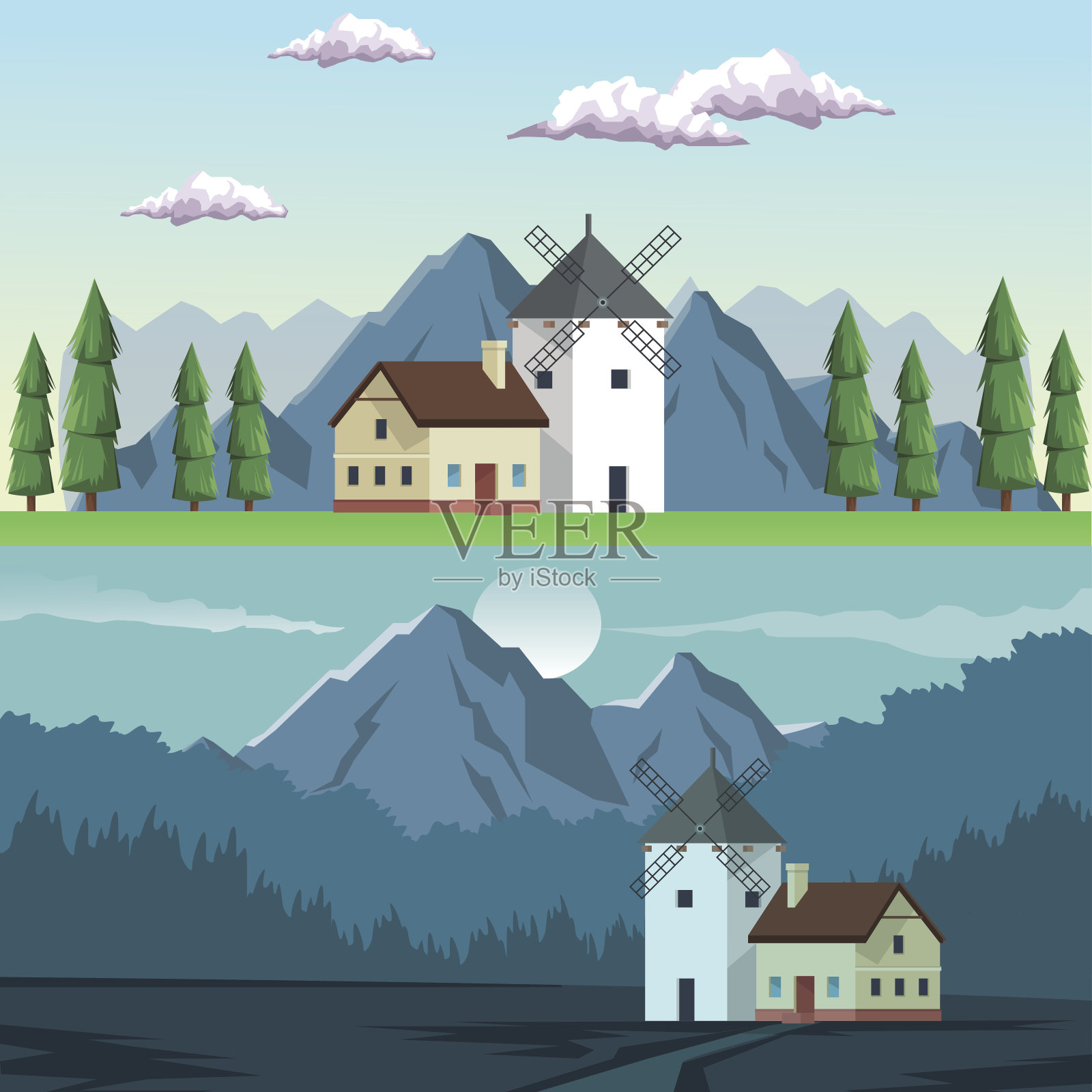 白天和夜晚的田野、山脉和带风车的房子的两个图形框架插画图片素材