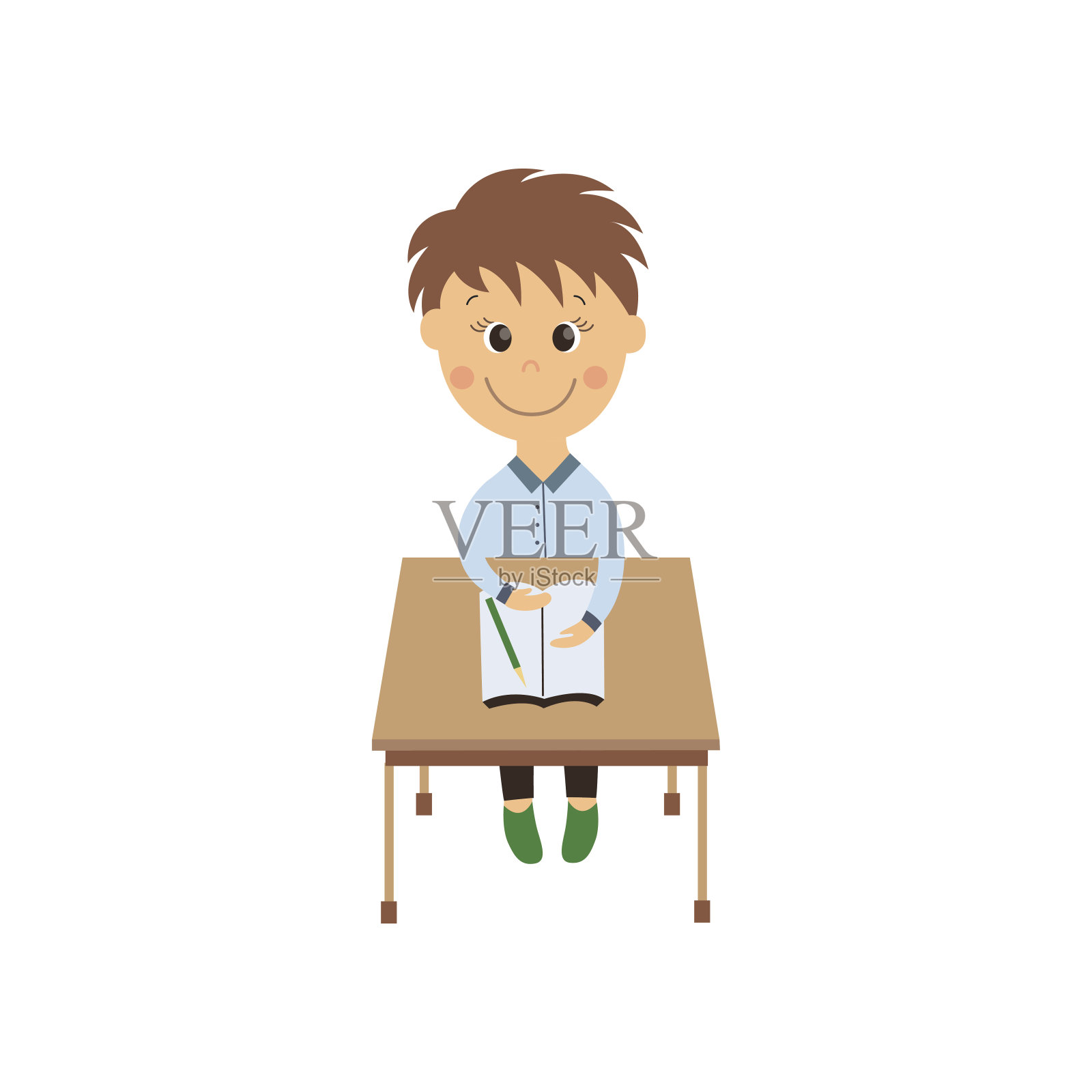 矢量平的男生孤立地坐在书桌前插画图片素材