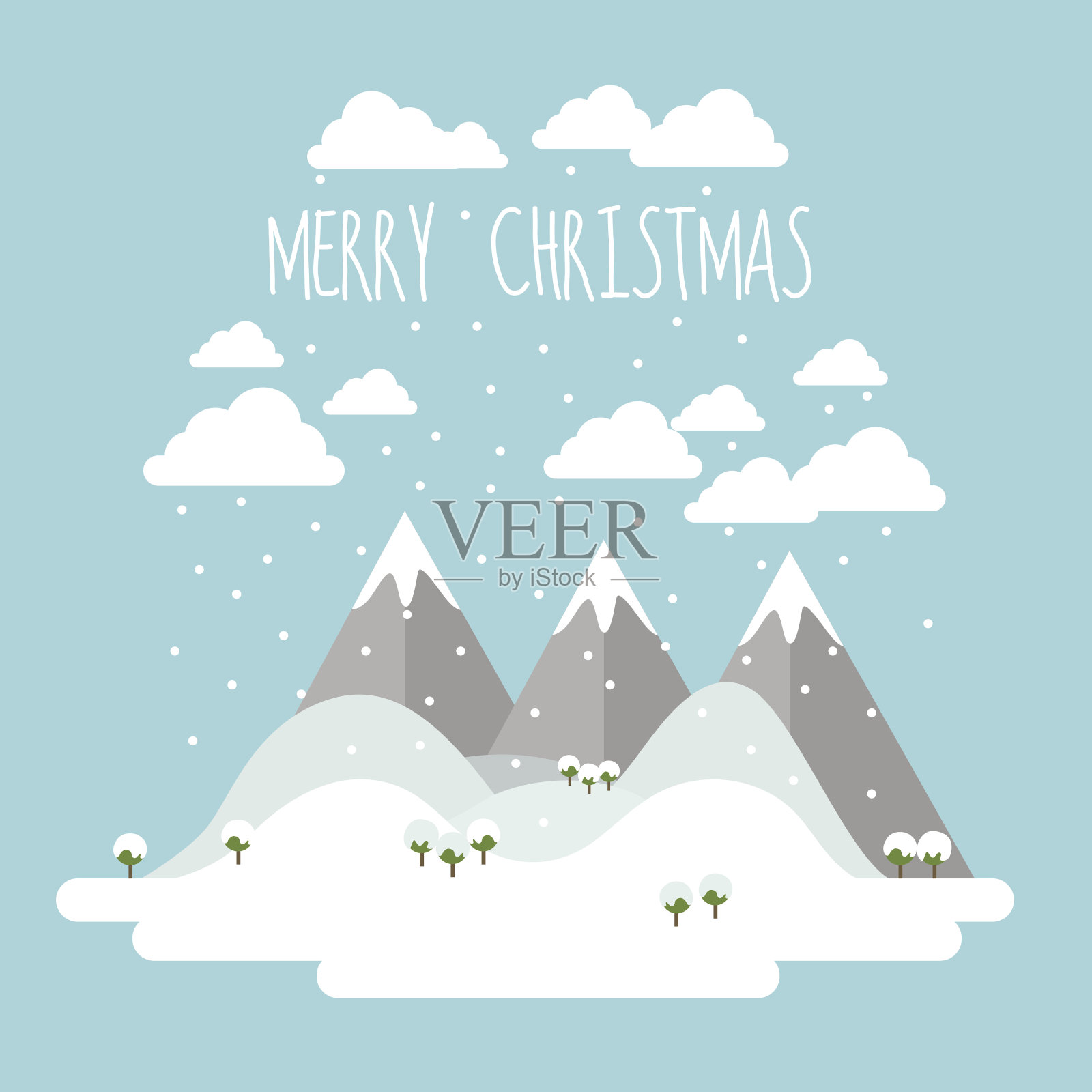 圣诞贺卡与平坦的设计景观与山，小山和树木覆盖的雪插画图片素材