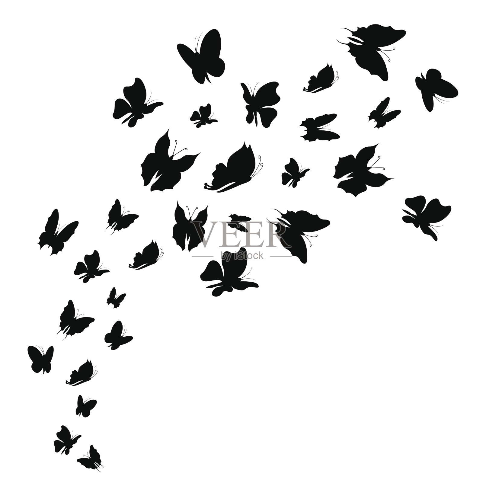 剪影黑色的苍蝇，成群的蝴蝶。向量插画图片素材