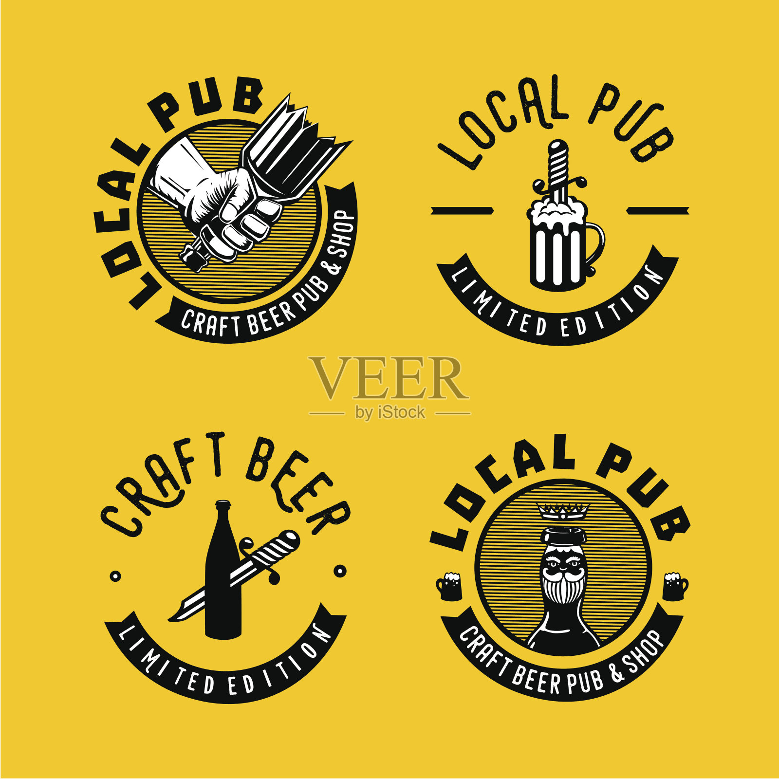 当地酒吧和啤酒厂的标识收集。复古风格的精酿啤酒徽章。插画图片素材