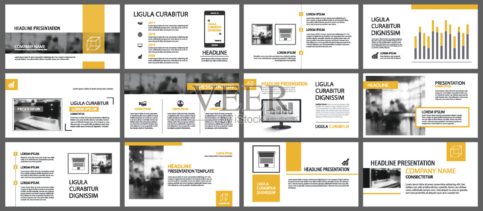 黄色和白色元素为幻灯片信息图的背景。表示模板。用于商业年度报告，传单，企业营销，传单，广告，小册子，现代风格。设计模板素材