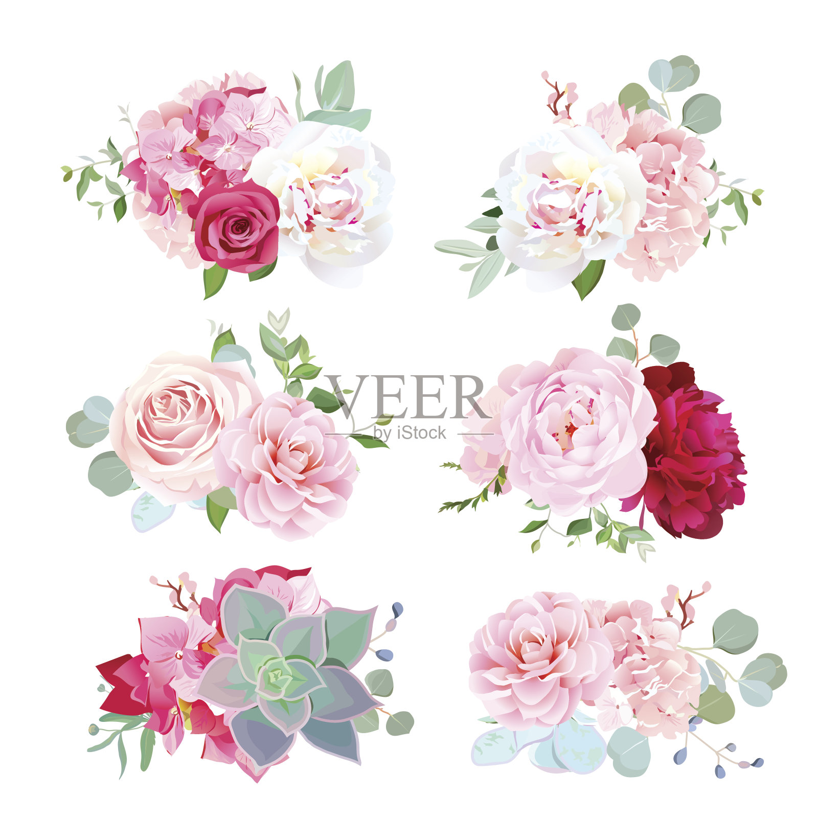 小型婚礼花束牡丹，绣球花，山茶，玫瑰，苏木插画图片素材