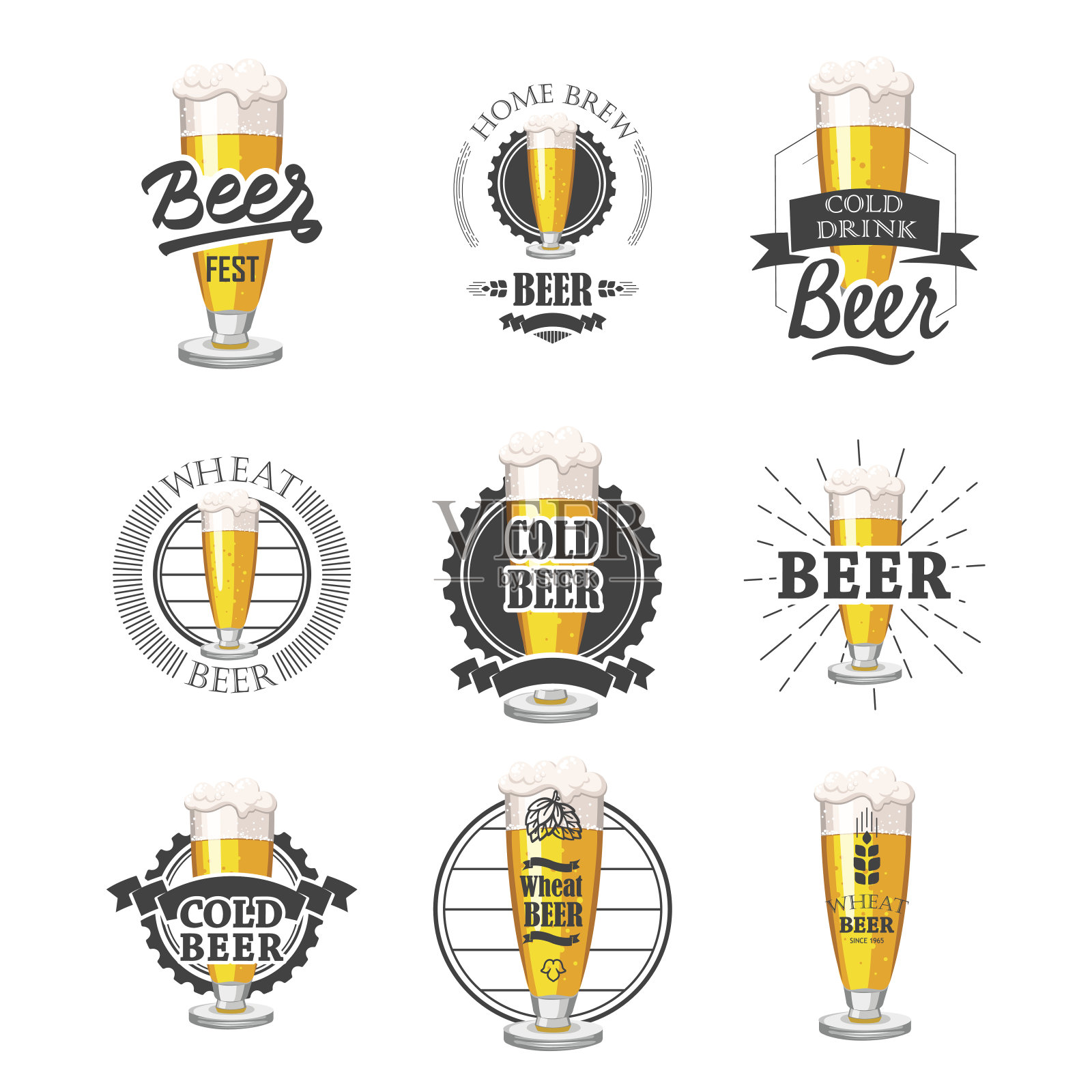 矢量插图与啤酒酒吧图标和标签。简单的符号玻璃、瓶子。传统的饮料。设计中的装饰元素。黑白色的风格插画图片素材