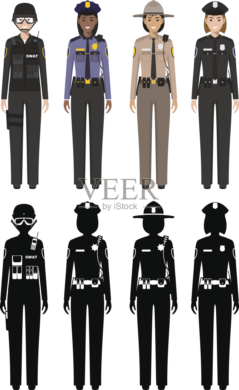 警察的人的概念。一套不同的详细说明和剪影的SWAT官员，警察，女警察和警长在平坦的风格在白色的背景。矢量插图。插画图片素材