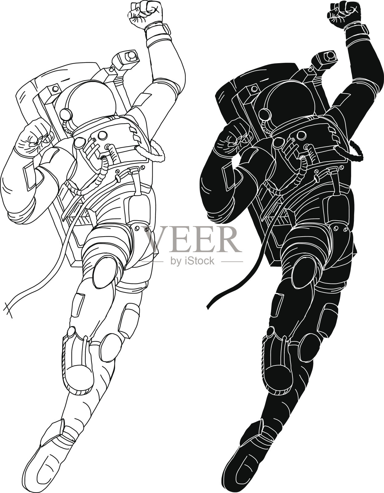 宇航员角色设置手绘风格。白色背景上的宇航员。宇航员适应向量。设计元素图片