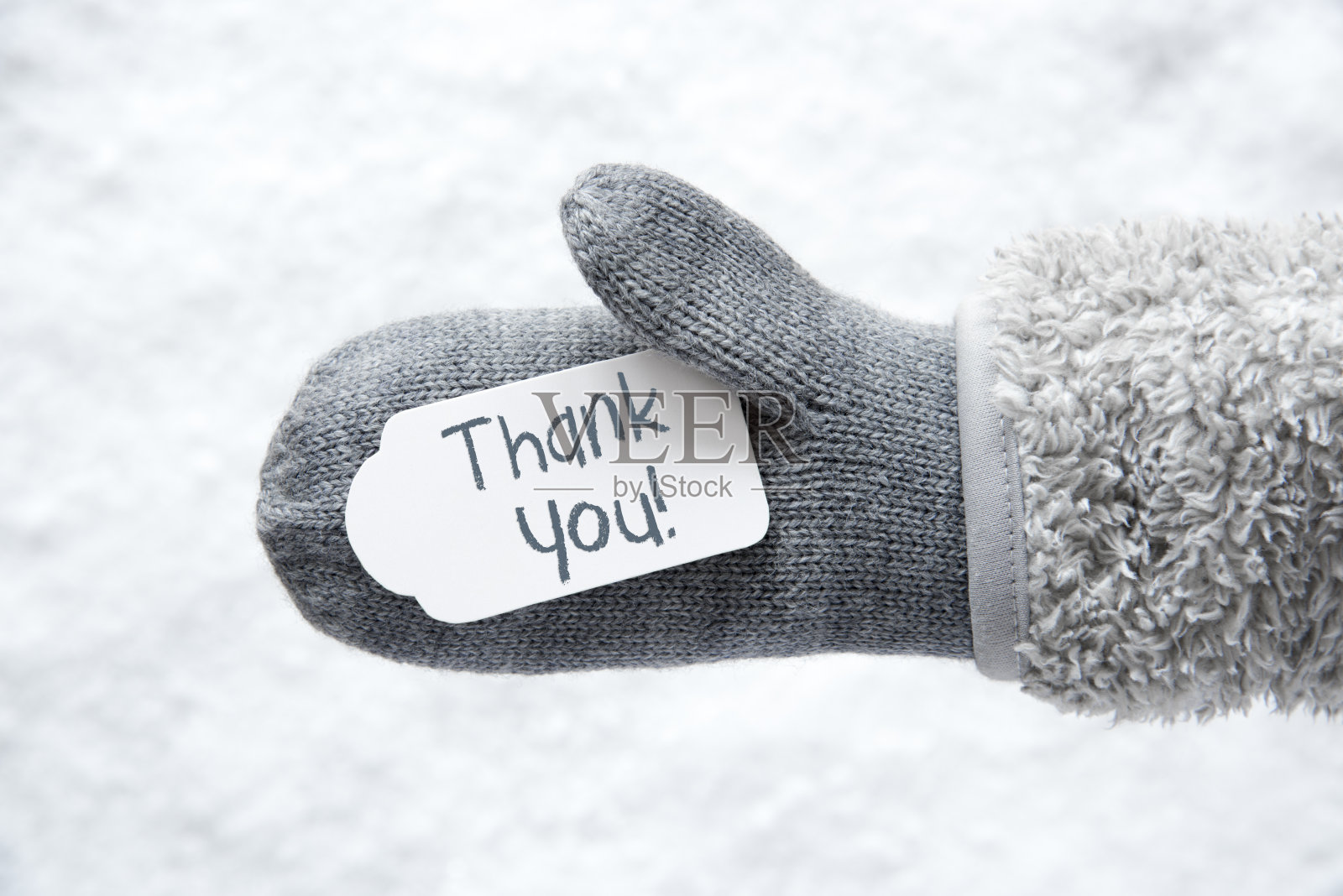 羊毛手套，标签，雪，短信谢谢照片摄影图片