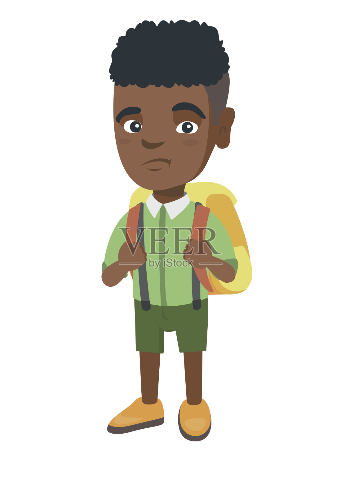 一个悲伤的非洲小男孩背着背包插画图片素材