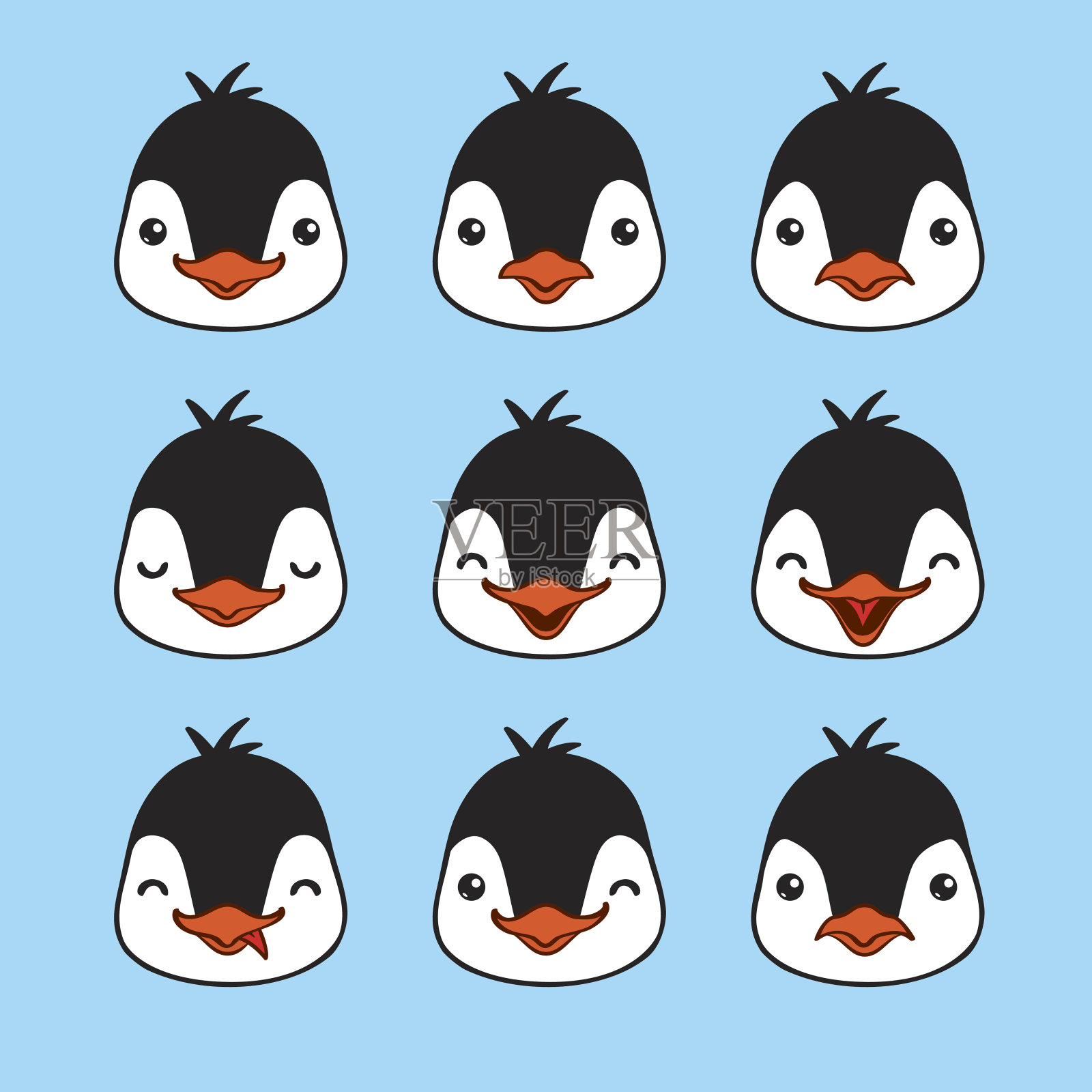 表情符号。可爱的企鹅表情。鸟类情感的矢量插图。插画图片素材