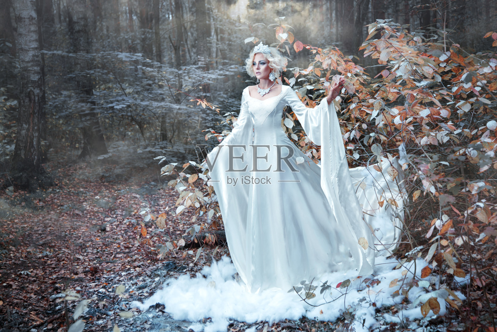 童话般的白雪皇后肖像带来了冬天在秋天的森林。照片摄影图片