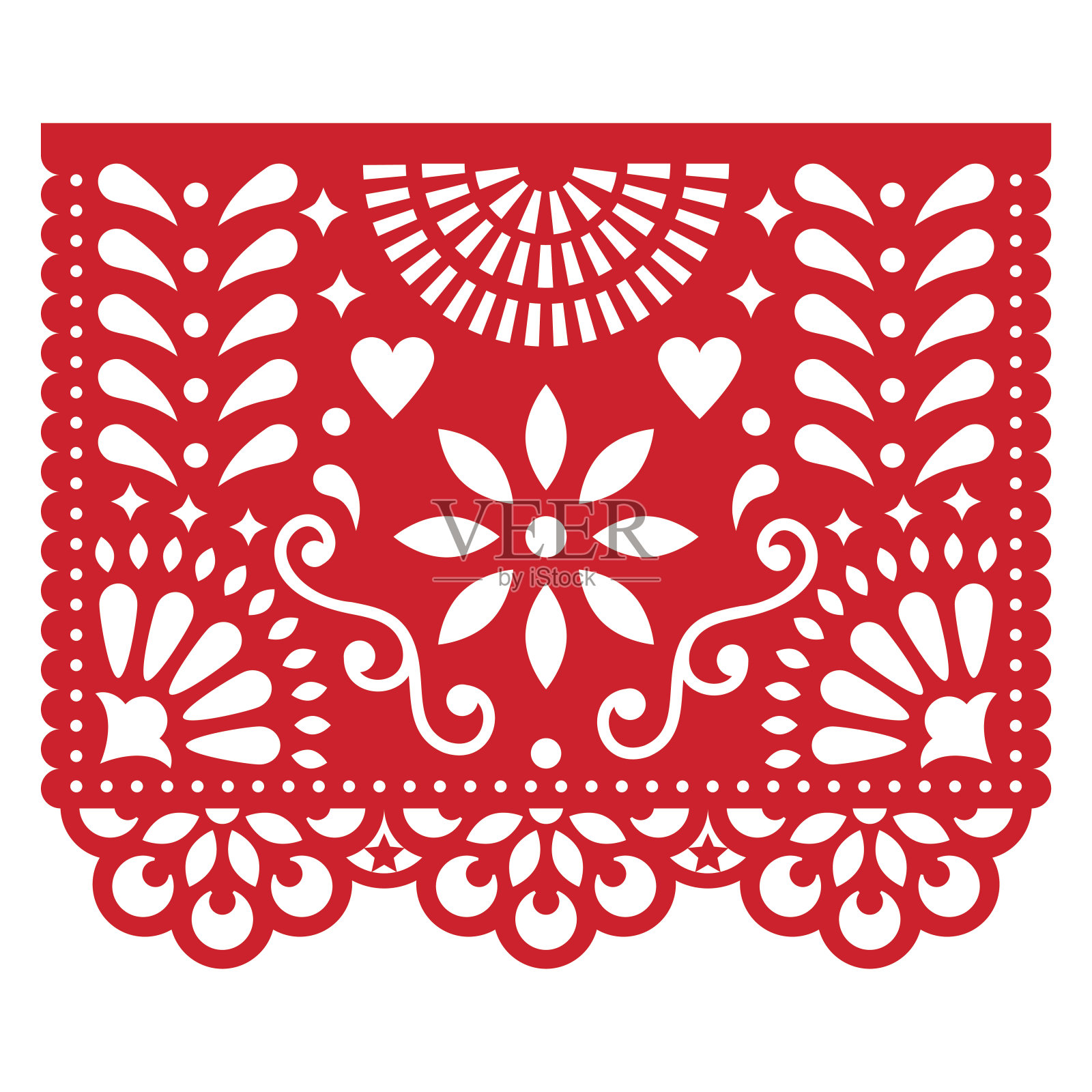 剪下模板上有花和叶，节日花的构图在红色上孤立在白色上插画图片素材