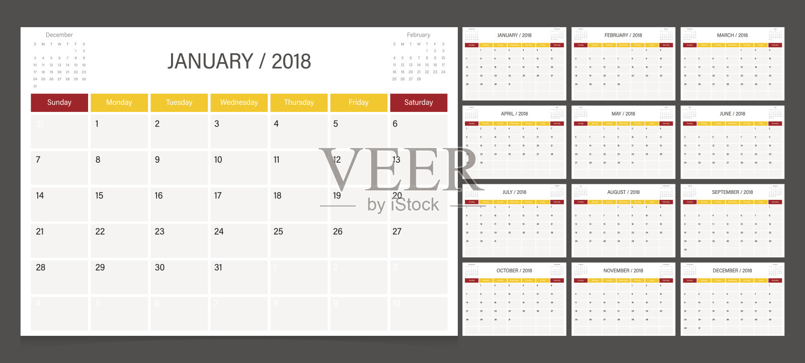 日历2018周从周日开始。日历计划公司设计模板。设计模板素材