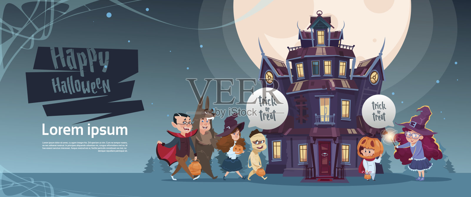 万圣节快乐可爱的怪物走到哥特式城堡与幽灵节日贺卡的概念插画图片素材