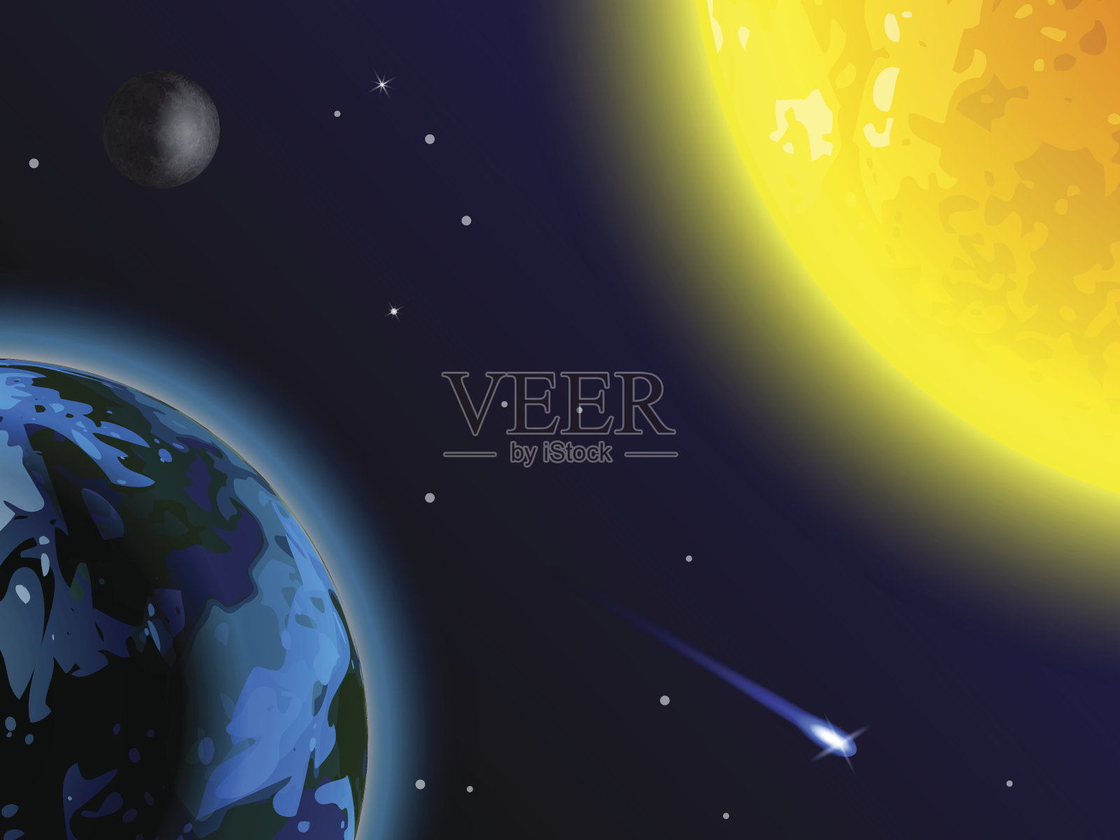空间背景。太阳，地球，月亮和彗星在黑色的背景。宇宙的抽象背景。插画图片素材