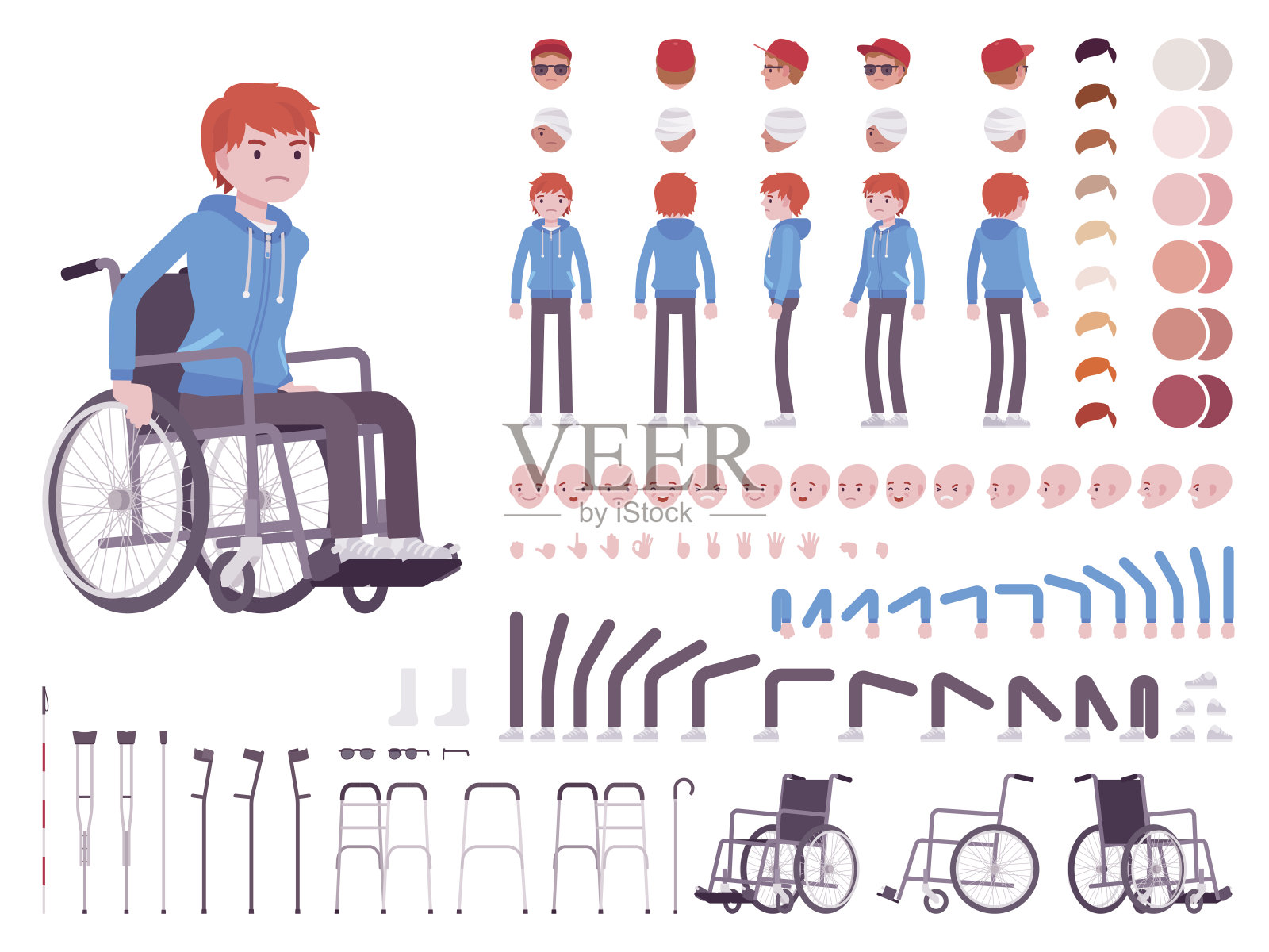 男性年轻的轮椅用户角色创建集插画图片素材