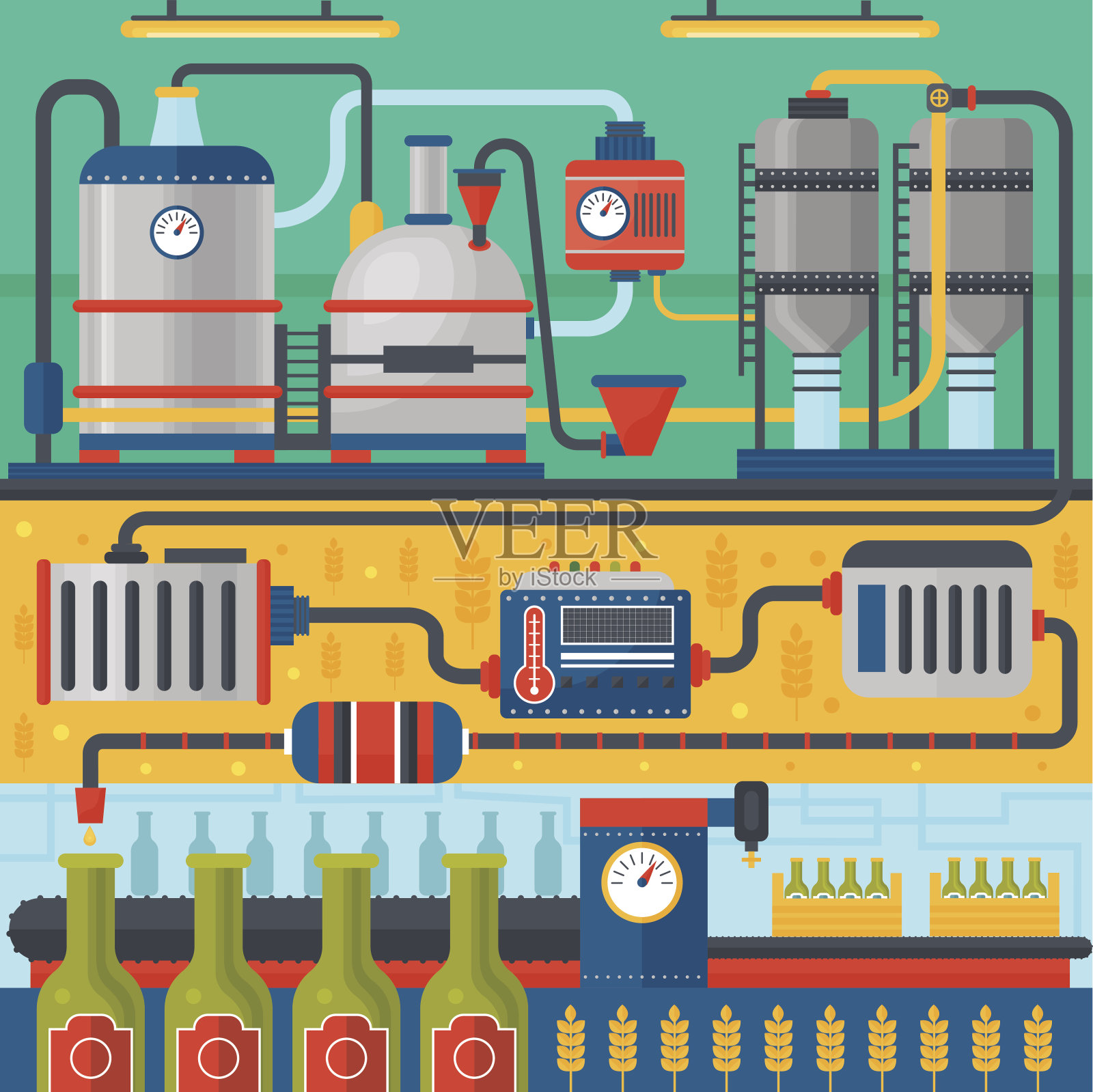 啤酒酿造生产工艺。工厂啤酒背景。平面设计矢量插图横幅。插画图片素材
