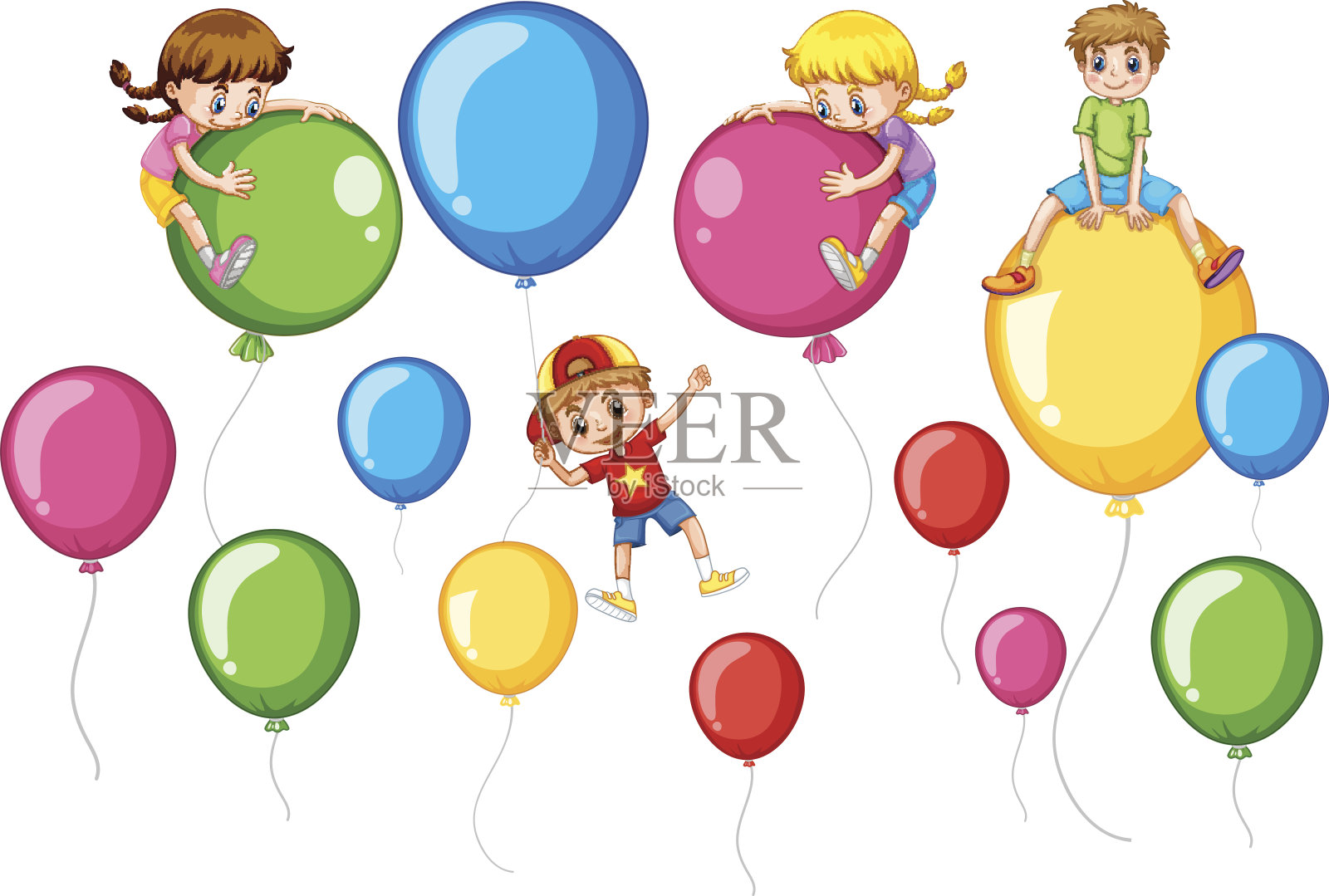 快乐的孩子和五颜六色的气球设计元素图片