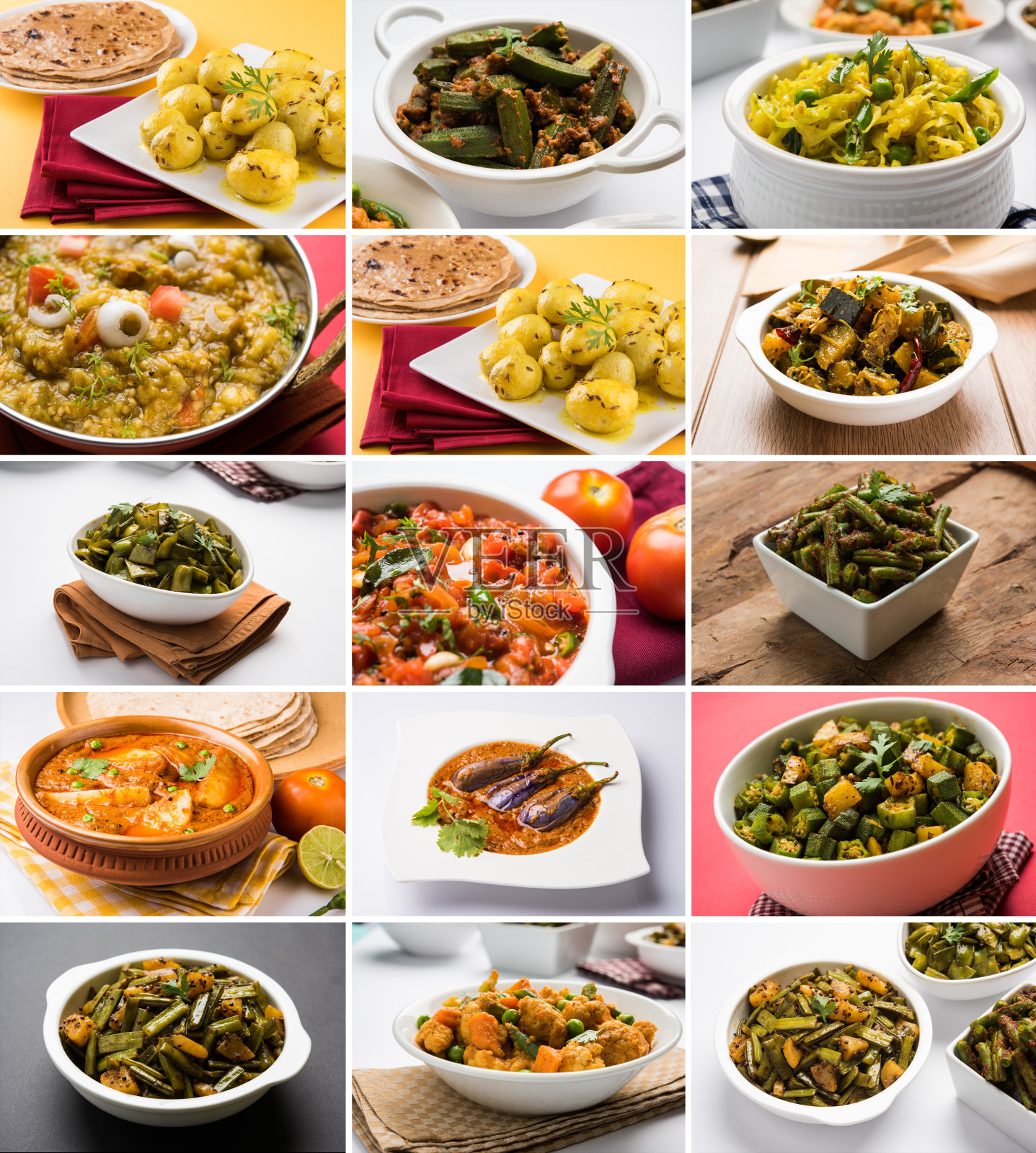 印度最受欢迎的主菜蔬菜食谱的拼贴图片，最适合餐厅的菜单卡设计照片摄影图片
