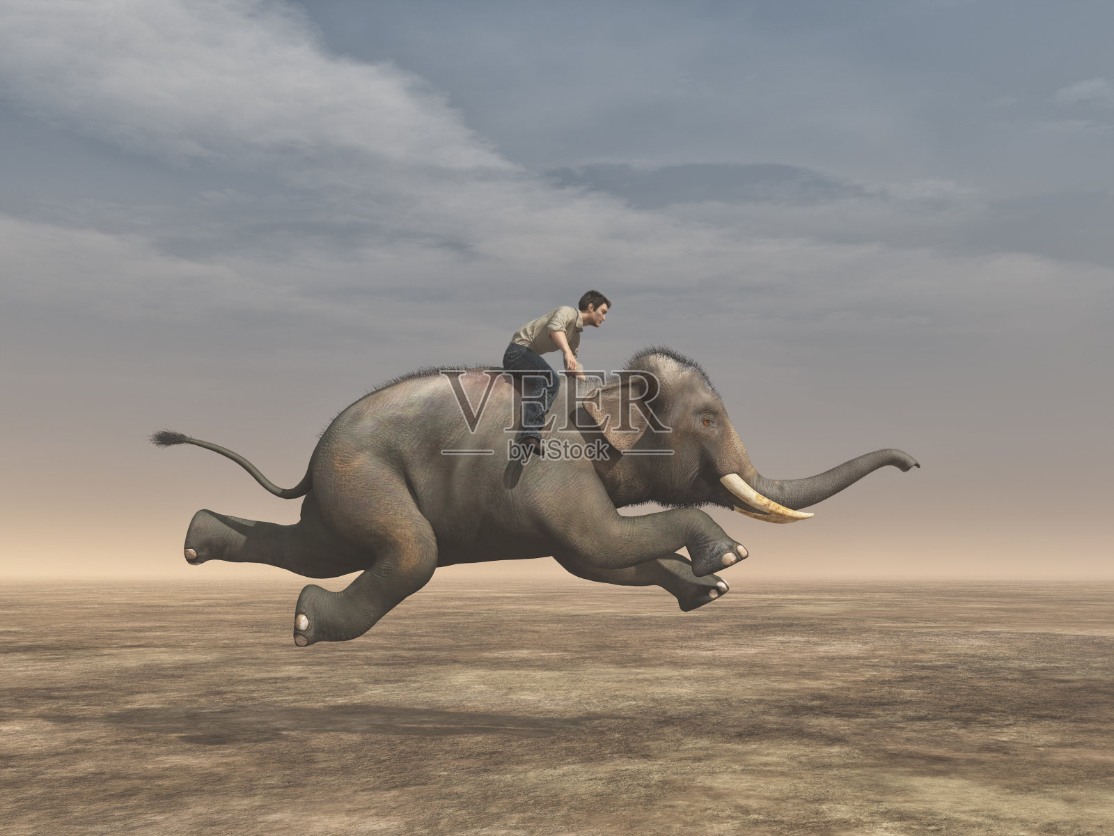 一个骑着大象的人的超现实形象照片摄影图片