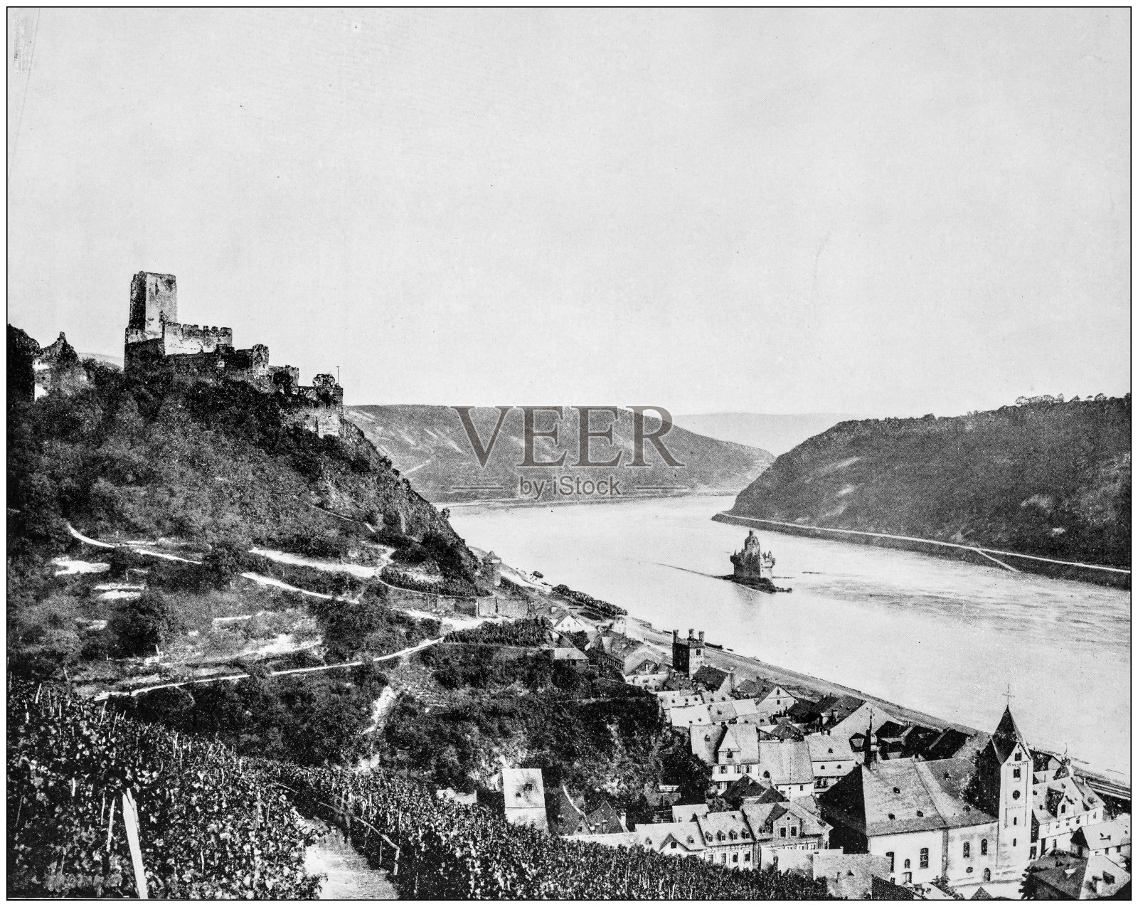 世界著名景点的古老照片:莱茵河，古登费尔斯和法尔兹，德国照片摄影图片