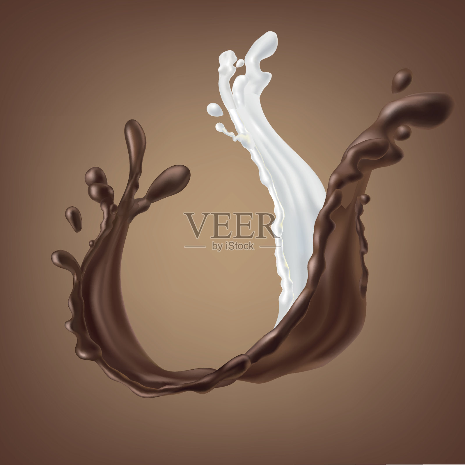 溅起并旋转牛奶和巧克力液体。3d插图和数字绘画插画图片素材
