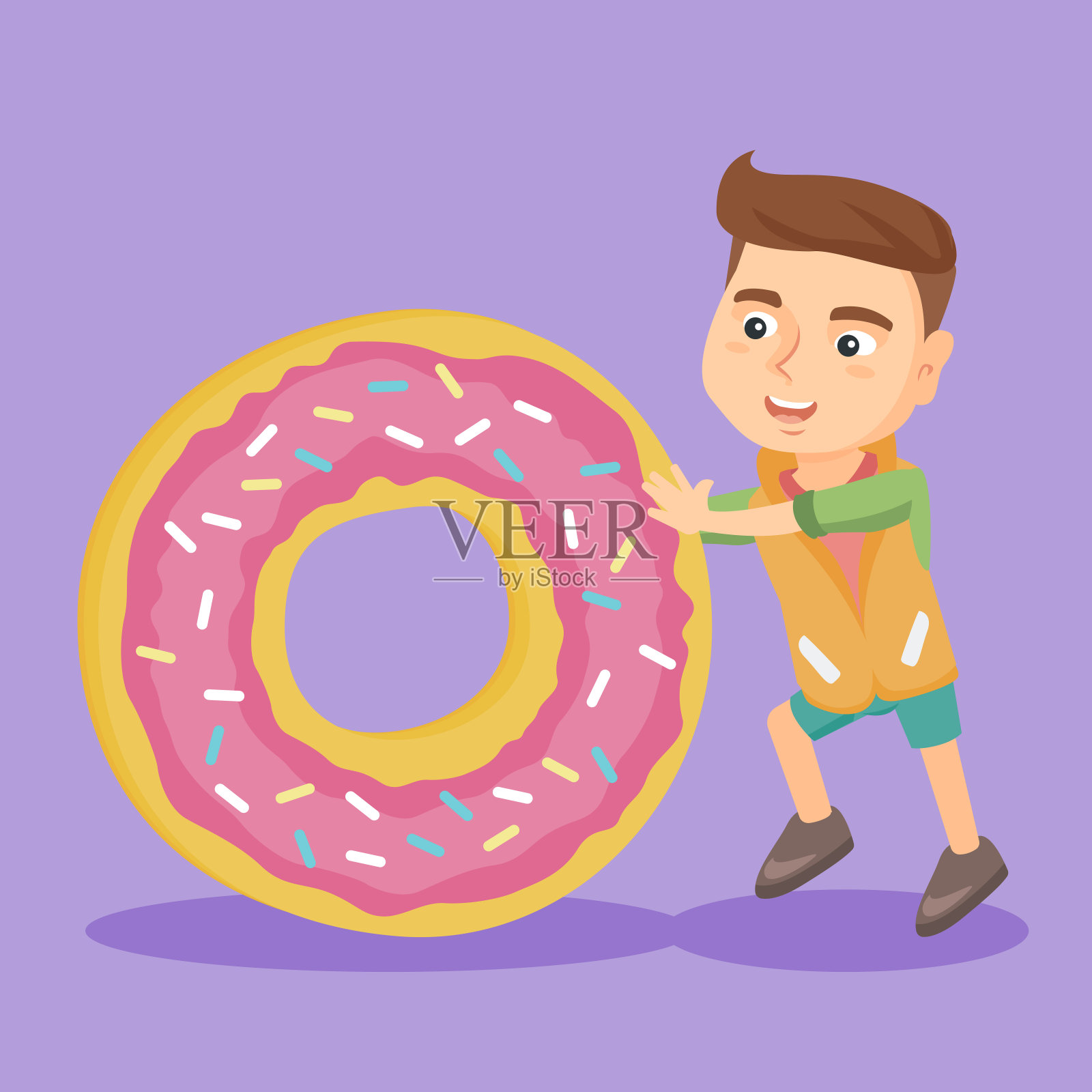 一个白人小男孩在滚动一个巨大的甜甜圈插画图片素材
