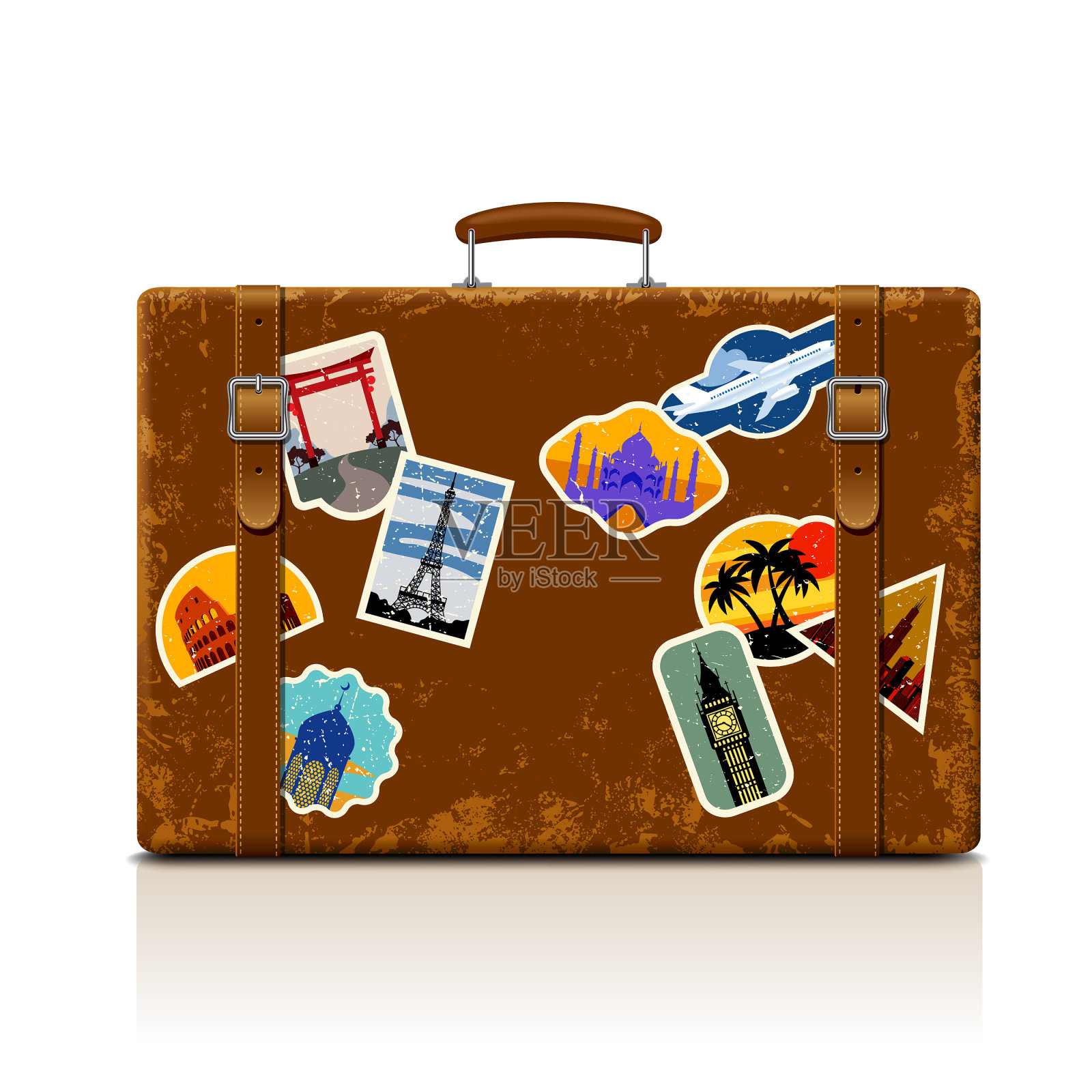 复古的棕色破旧的手提箱与复古的垃圾垃圾的度假和旅行标签的集合设计元素图片