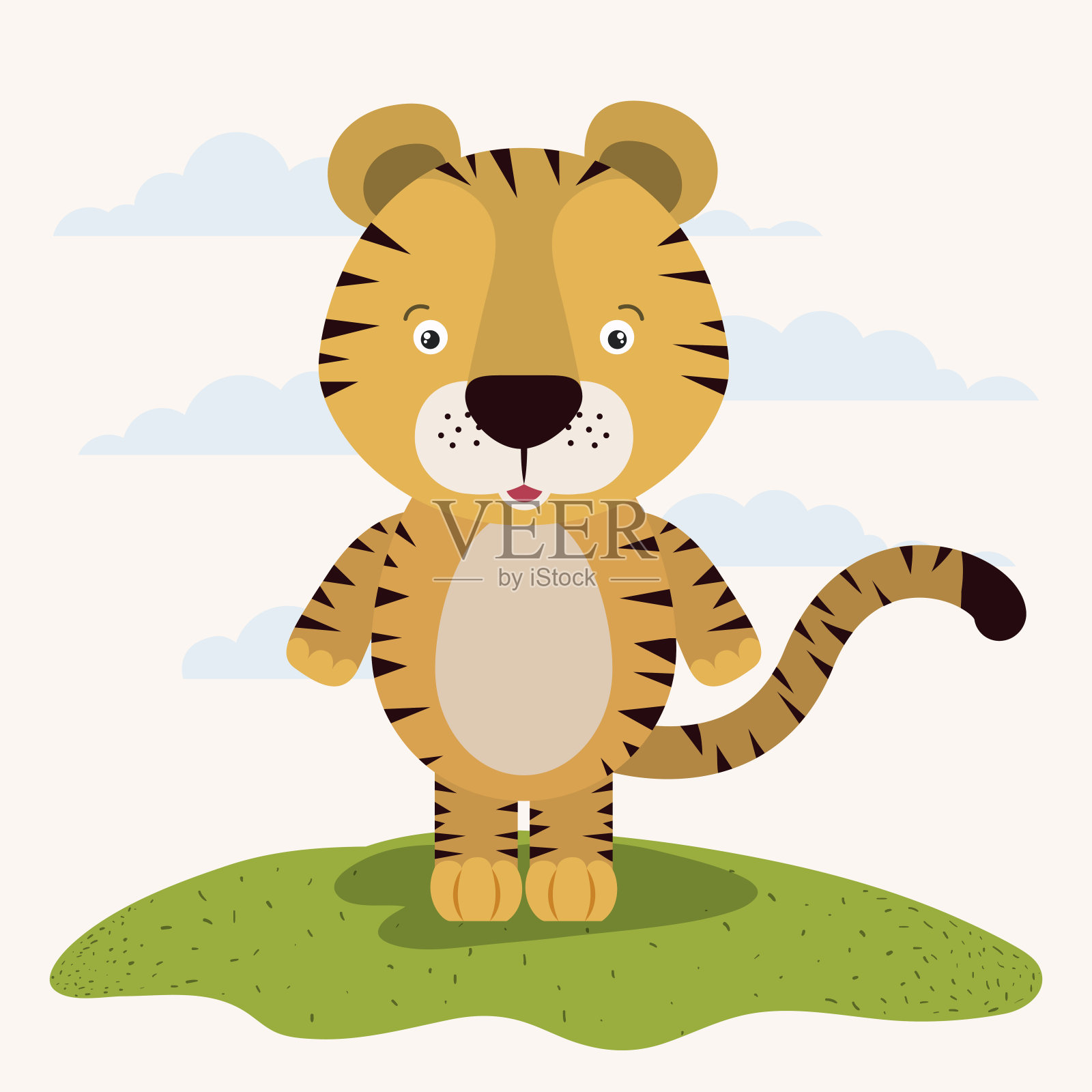 白色的背景与颜色场景可爱的老虎动物在草插画图片素材