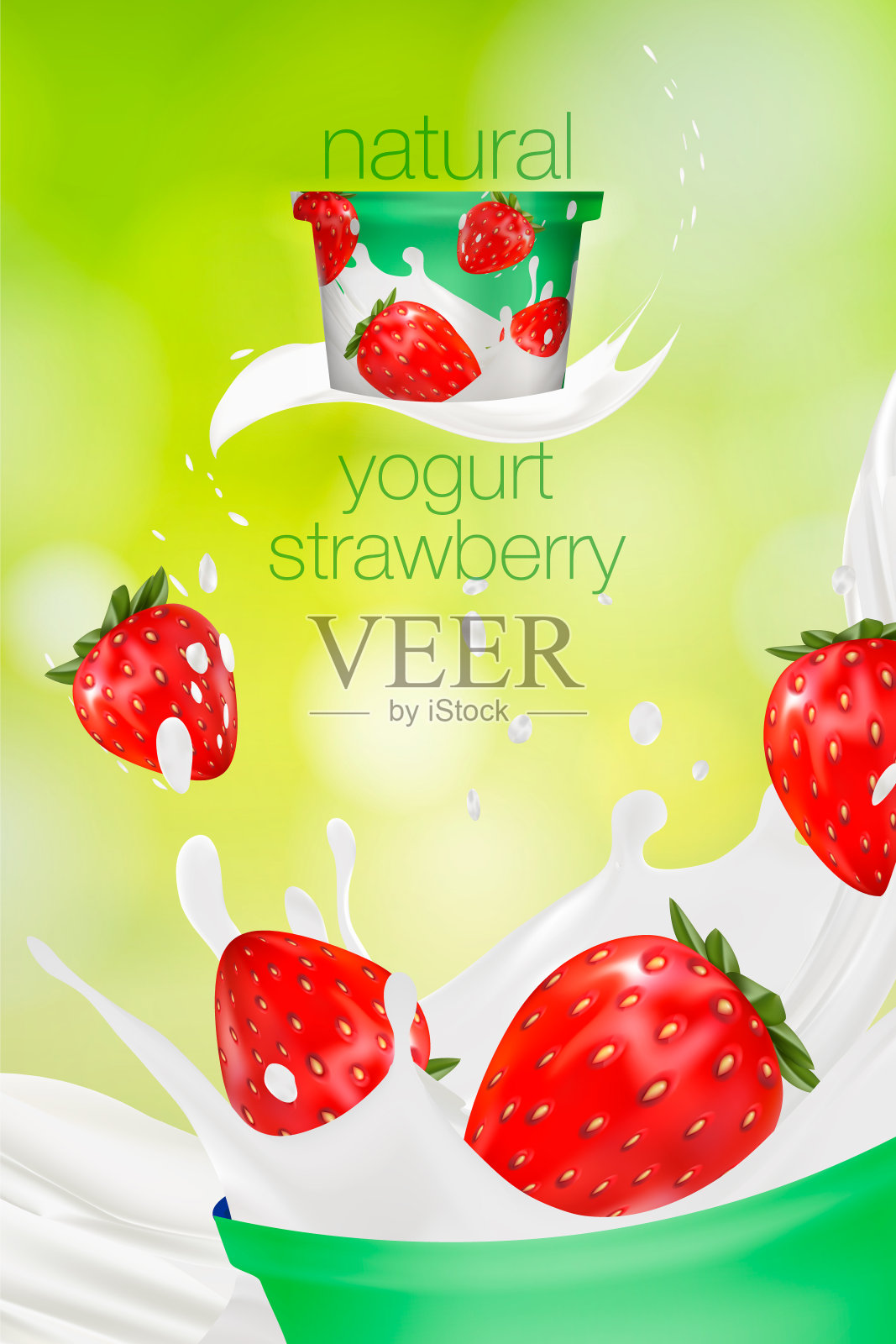 牛奶广告或3d草莓酸奶风味推广。牛奶飞溅与水果隔离在绿色的自然背景。即食燕麦片广告，开放式背景，3d插图插画图片素材
